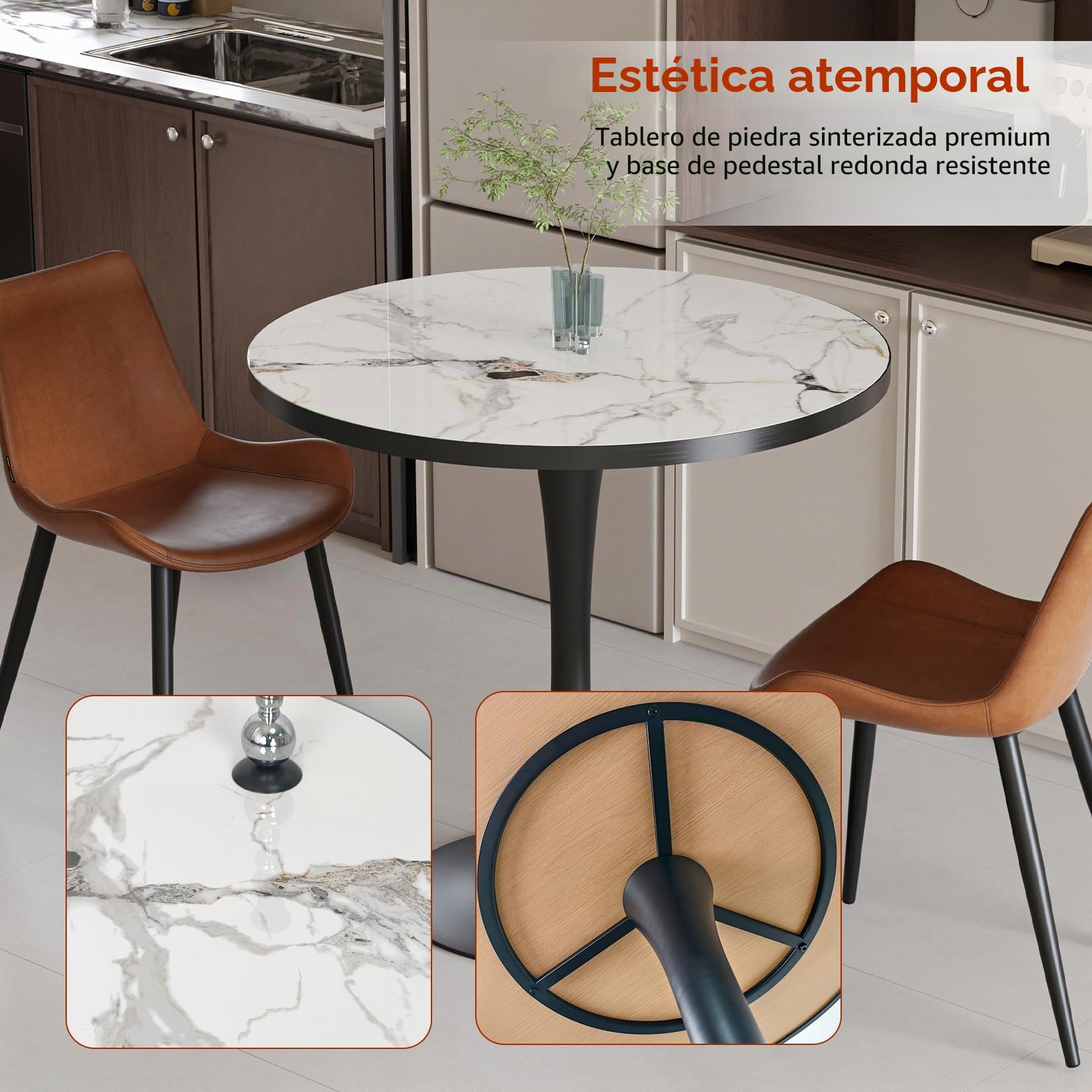 FATIVO Mesa Comedor Redonda de Mármol: Mesa de Cocina Pequeña Φ76xH78cm para 3-4 Personas, Mesas Comedor Modernas de Piedra Sinterizada, Resistente a Manchas, Arañazos y Altas Temperaturas