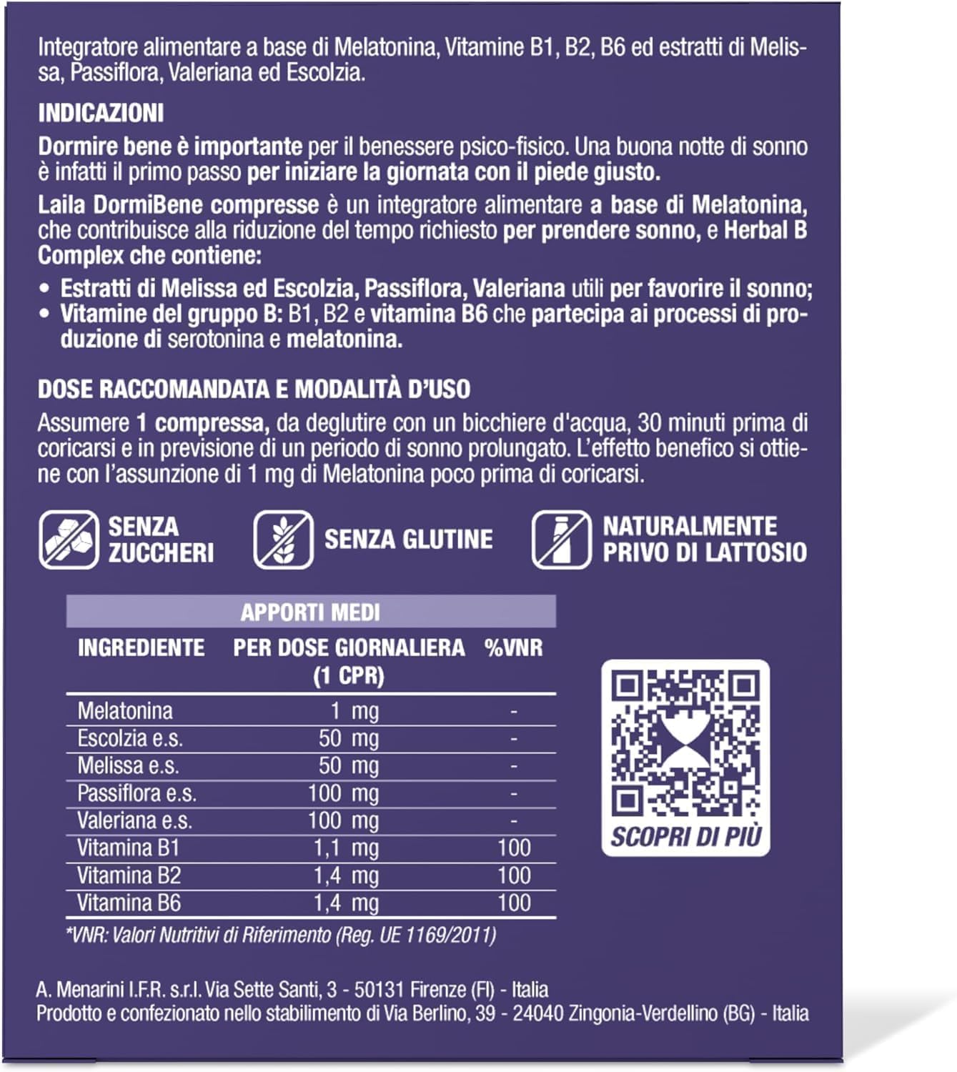 Laila DormiBene Compresse Integratore alimentare per il sonno con Herbal B Complex e Melatonina per favorire un rapido addormentamento. Confezione da 30 compresse. Senza zuccheri, Senza Glutine