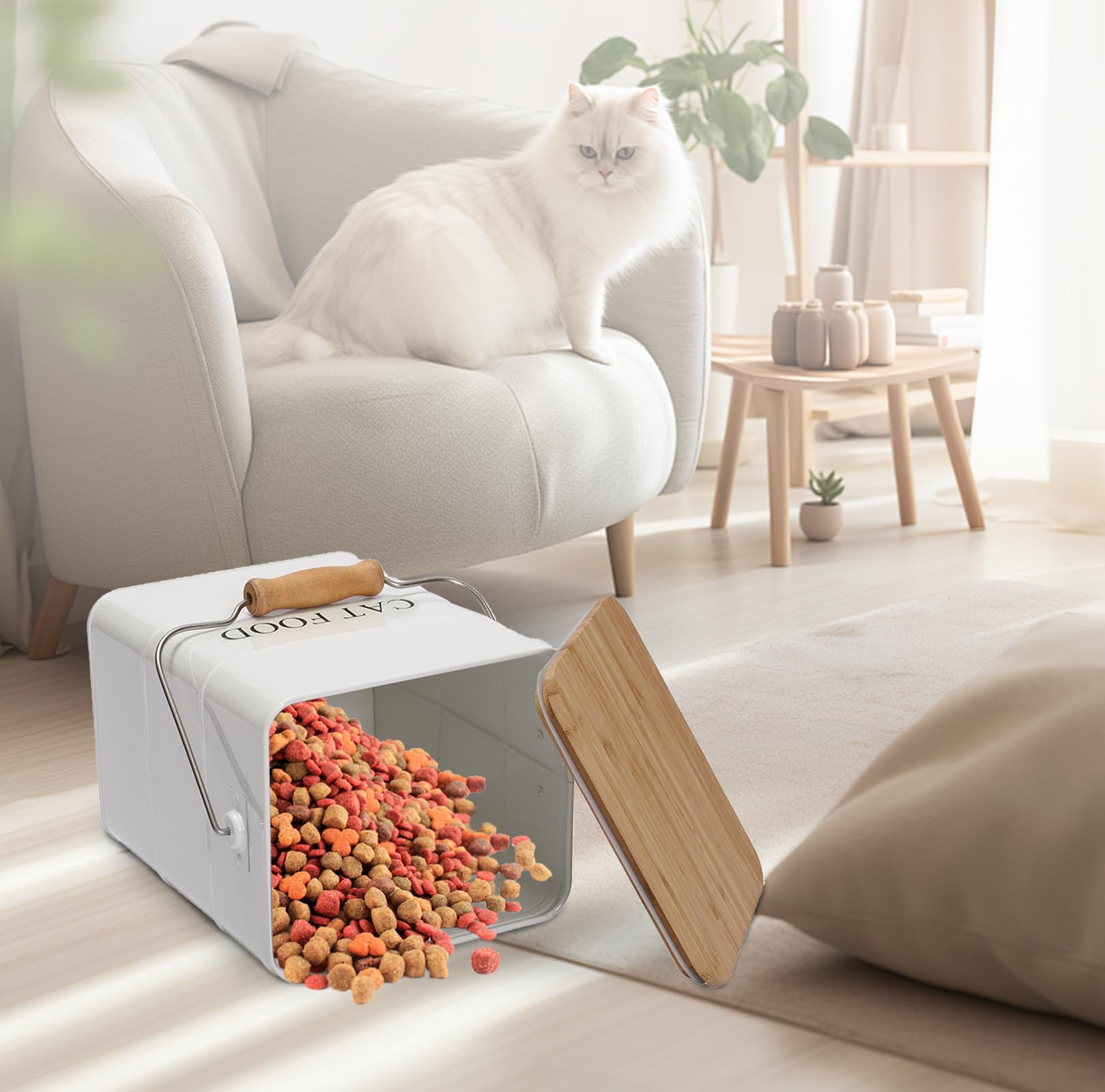 Geyecete Métal Conteneur Croquette Chats-6L Boîtes pour Nourriture et friandises Animaux-Hermétiques Bois Couvercles-Acier Carbone revêtu -Bac Croquette Chat avec Poignée-Blanc