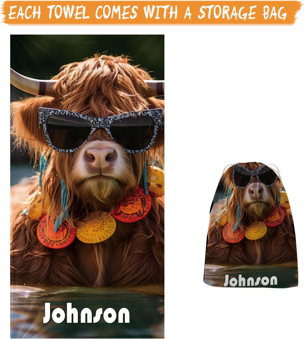 Personalized Beach Towel with Bag - Custom Name with Animal Selfies Design - Oversized Soft Absorbent Microfiber Bath Pool Towels for Baby Kids Adults Boys Girls Gifts Color13-Highland Cow