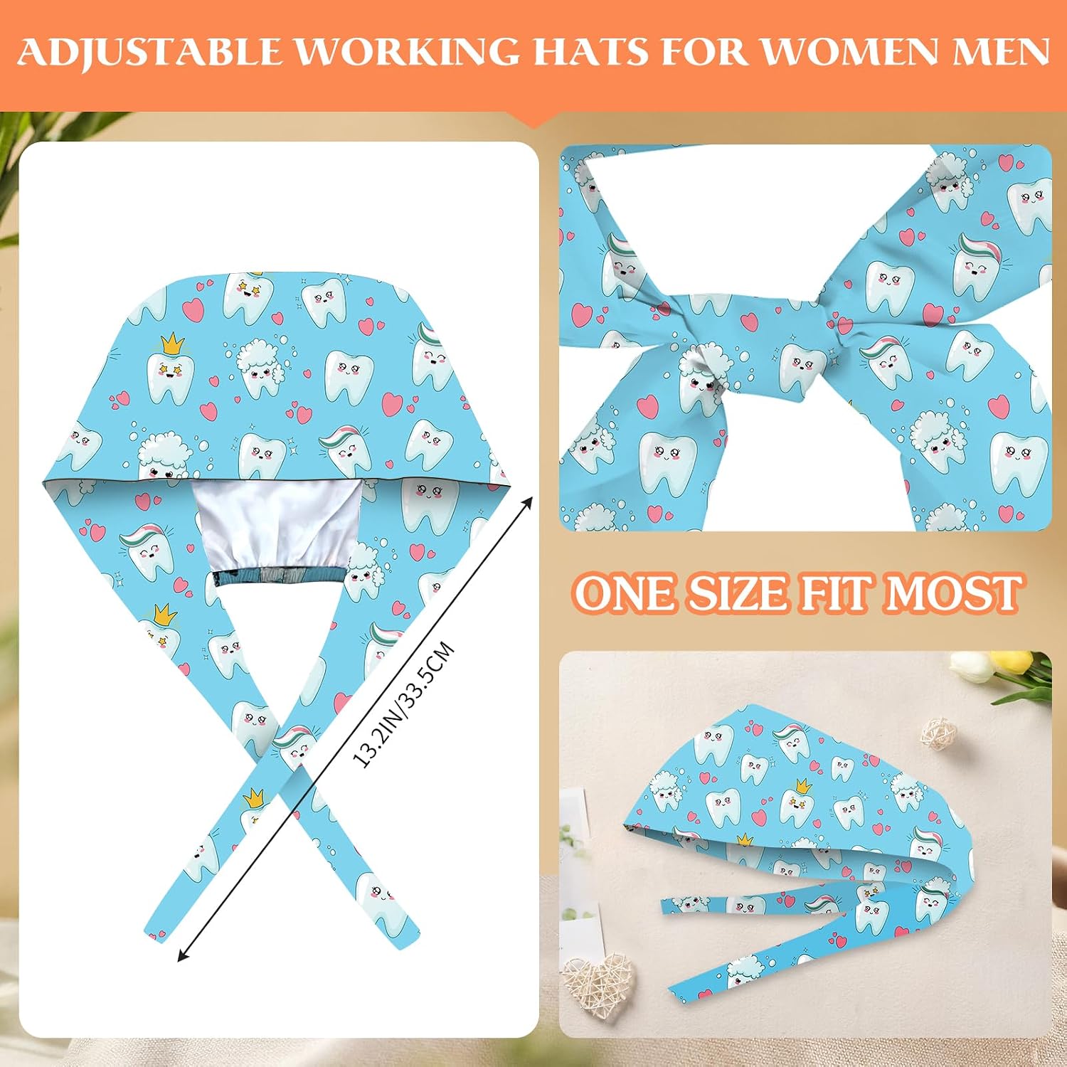 Adjustable Scrub Cap with Buttons & Sweatband, Working Hat with Elastic Tie Back, Unisex Nurse Surgical Caps for Women & Men