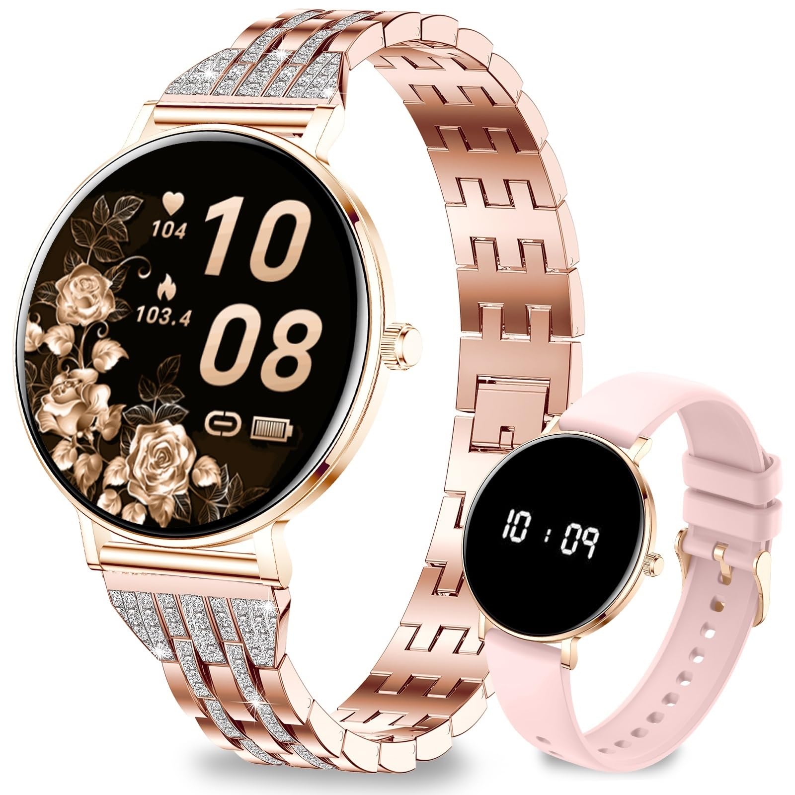 Montre Connectée Femme Ultra-fines (8mm),Écran AMOLED 1,32",Batterie 7 Jours,Suivi Santé et Sommeil,Appel BLE5.3,Assistant Vocal,Fonction Féminine,IP68 Étanche Smartwatch pour Android iOS,Or Rose