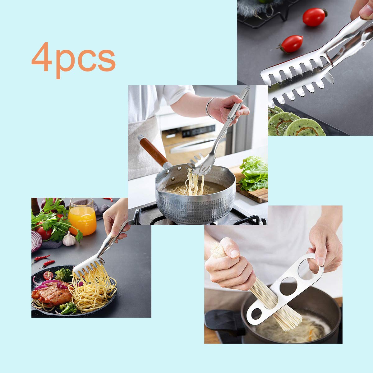 Set 4 Pezzi Utensili Per Spaghetti In Acciaio Inox - Pinze, Forchettone E Righello Dosatore - Foto 9