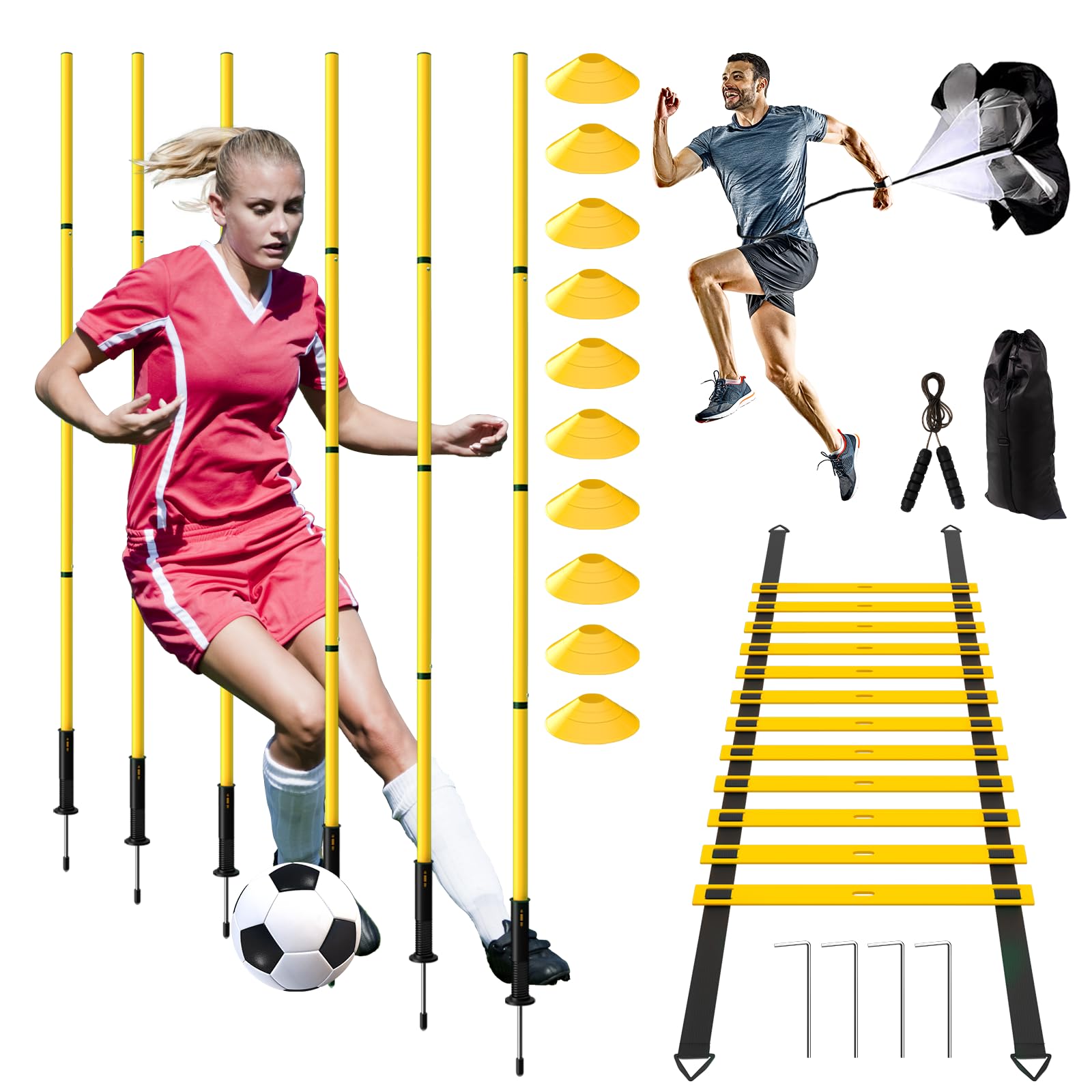 Juego de 24 piezas de equipo de entrenamiento de agilidad de fútbol, bastones de agilidad, escalera más para un montaje rápido y fácil portabilidad, adecuado para todos los niveles de