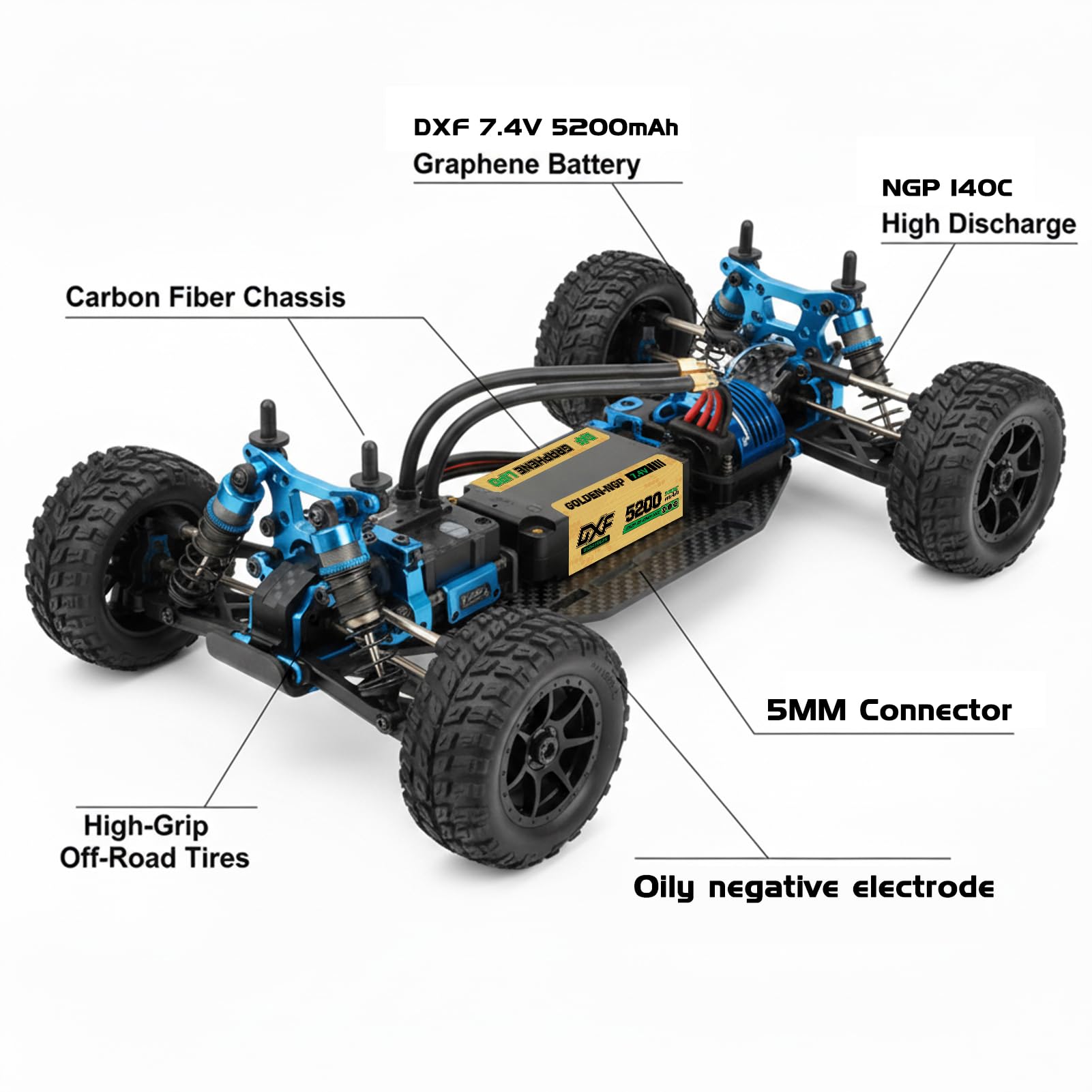 Batteria LiPo DXF 2S 7,4 V 120 C 5200 mAh Custodia rigida corta con connettore a sfera da 5,0 mm a T Deans per auto RC, camion RC, aeroplano, elicottero, barca, buggy, ala (2 confezioni)