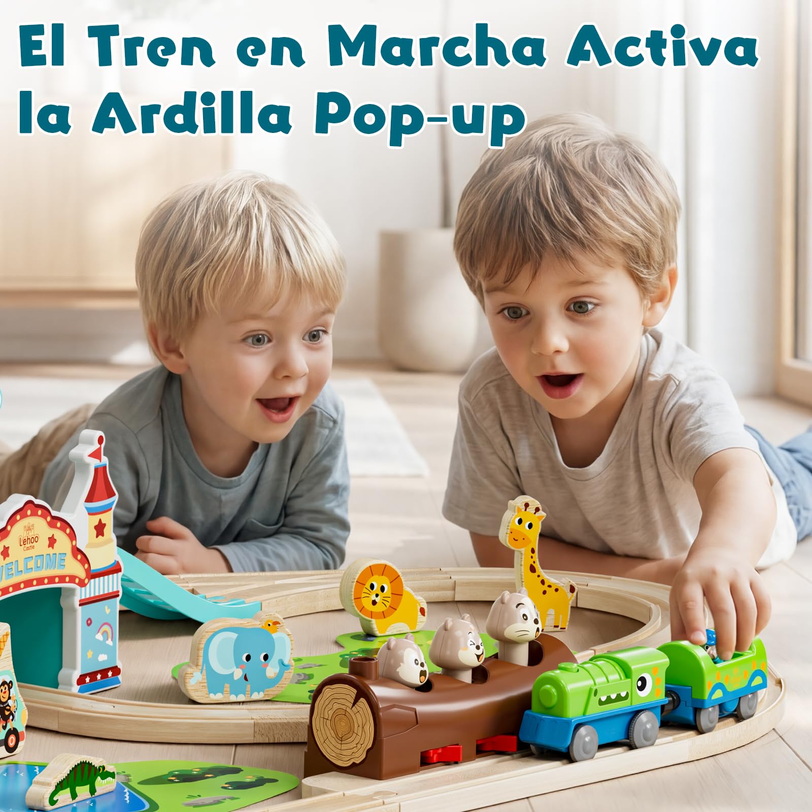 Lehoo Catsle Tren Juguete con Locomotora de Dinosaurios, Tren Electrico Juguete Niños 3+ Años, Juguetes de Mader, Tren Eléctrico Infantil, Regalo para Niño