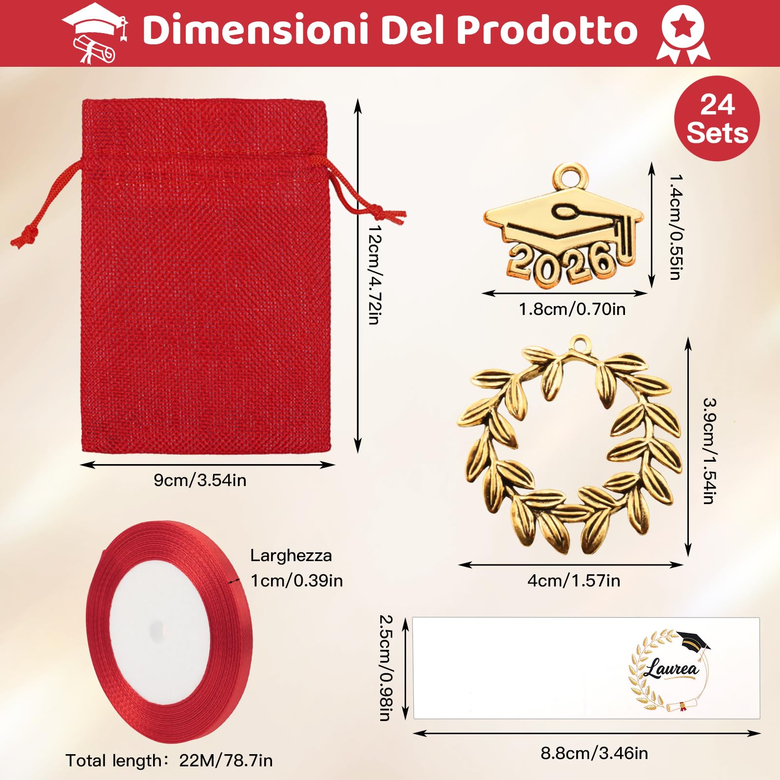 24Pz Bomboniere Laurea Portaconfetti, Rossa Sacchetti Laurea con Ciondoli Corona Alloro, Biglietti e Nastro per Cerimonie, Feste - 4