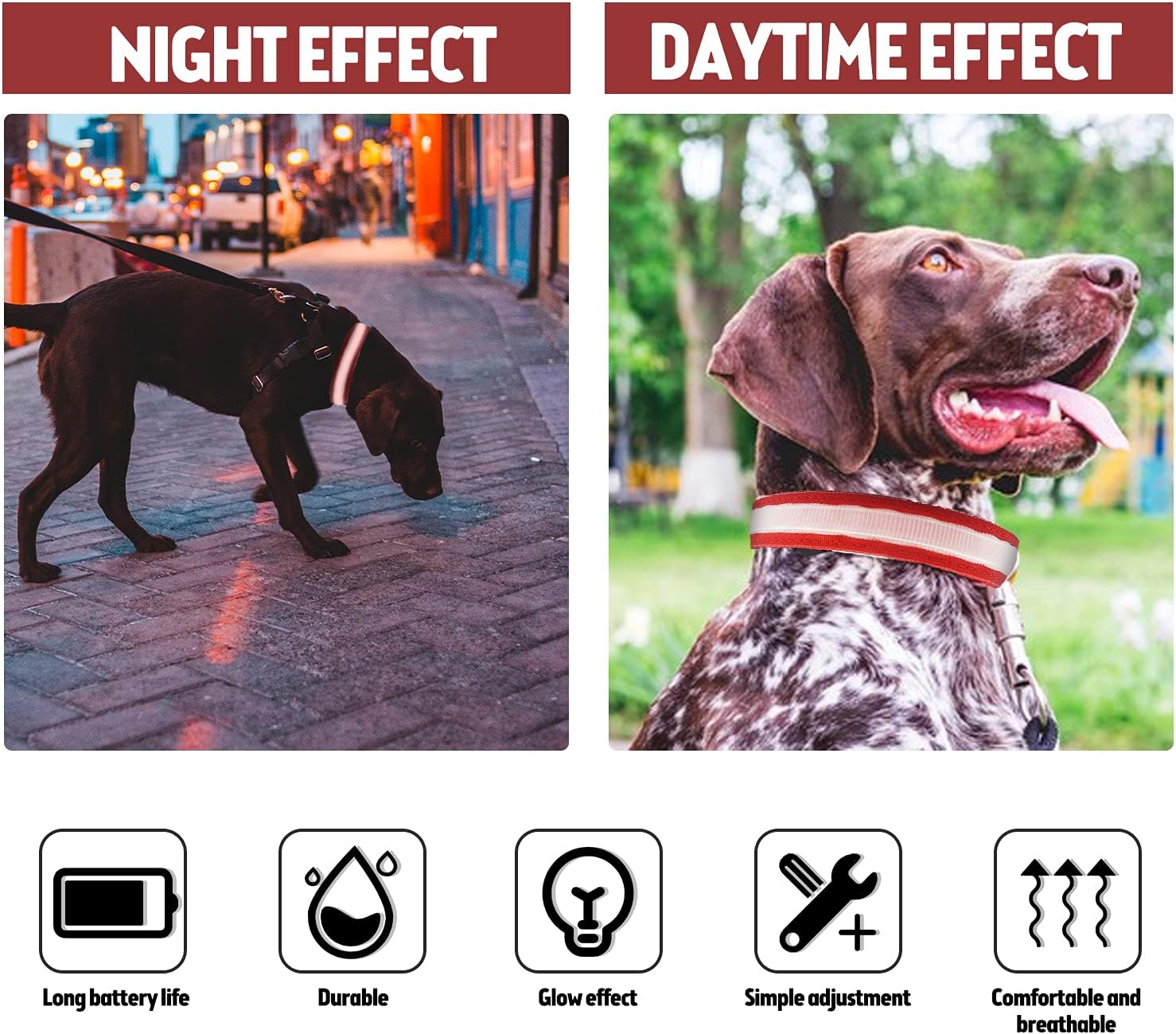 LED Dog Collar, Reflective Dog Collar, USB Rechargeable with 100% Waterproof Luminous Collar, Suitable for Medium and Large Dogs (Red, L)
