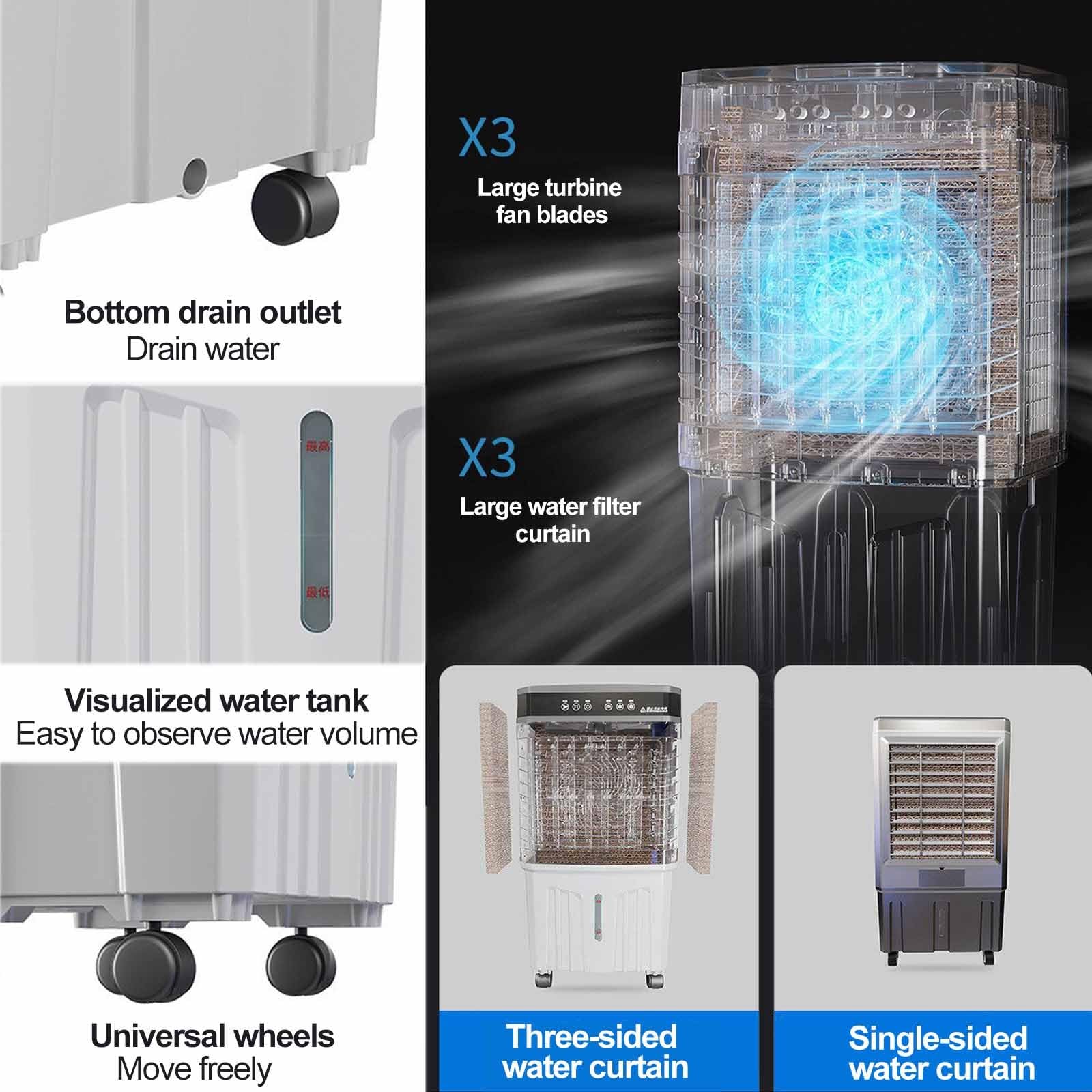 Raffrescatore evaporativo, ventola di raffreddamento ad acqua a 3 velocità | Ampio serbatoio dell'acqua, bassa rumorosità, 150 W, ampia oscillazione 120°, per soggiorno garage camera da letto(A,40L)