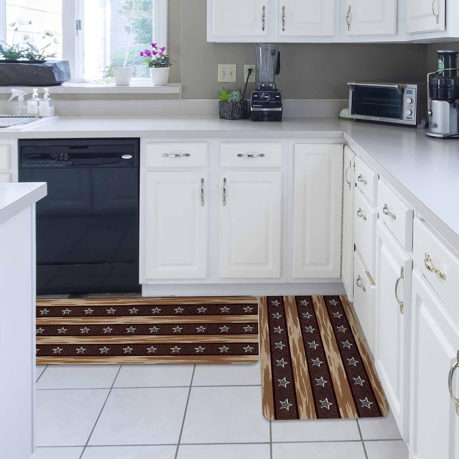 Star Vintage Kitchen Rugs and Mats Set of 2, Non-Slip Kitchen Sink Mat, Western Country Stars Brown Wooden Washable Doormat Bathroom Rugs Runner for Bedroom/Living Room 23.6"x35.4"+23.6"x70.9"