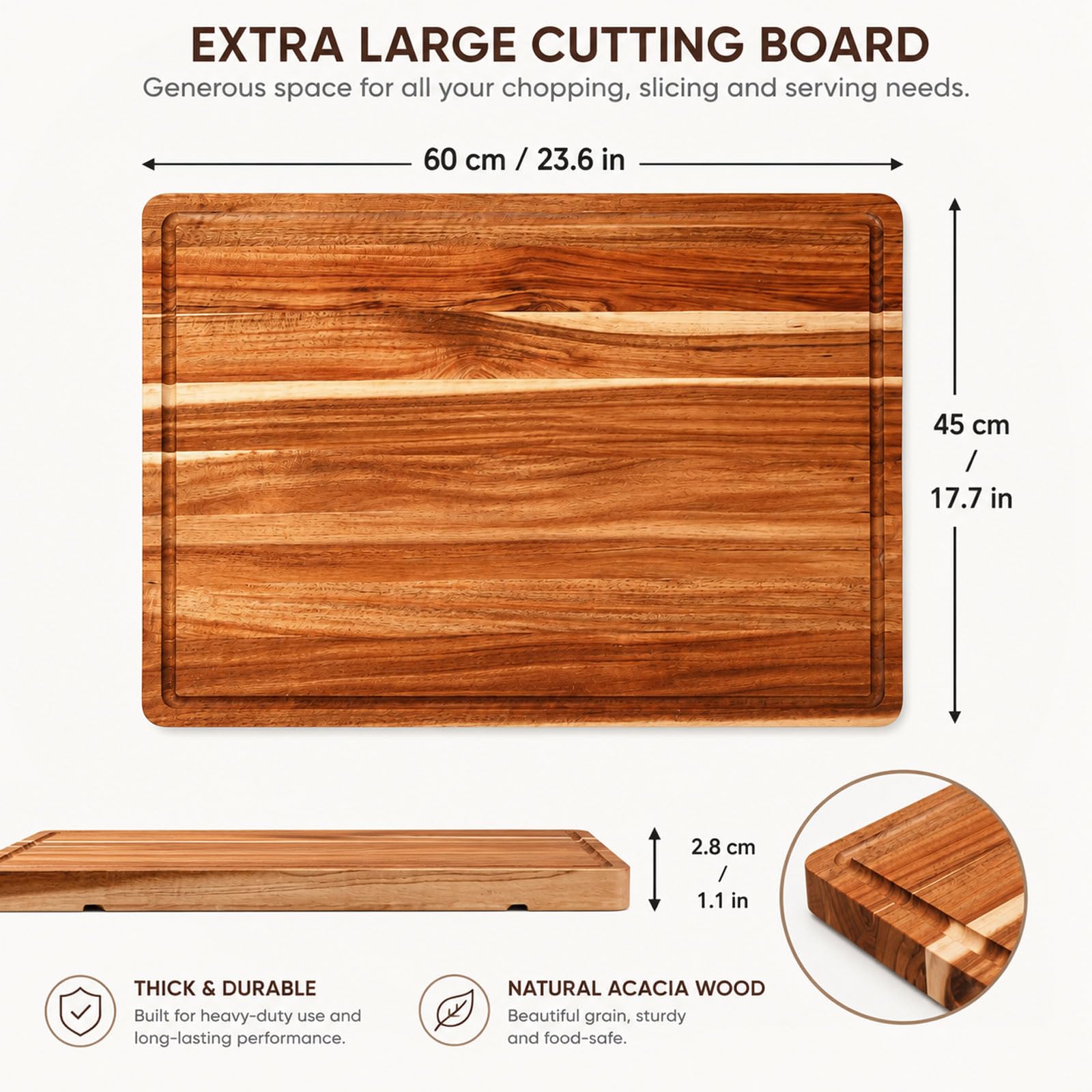 Tablas De Madera De Acacia para Cocina, Tabla De Picar con Canaleta para Jugos, Ideal para Frutas, Verduras, Amasar, Embutidos Y Quesos; Sirve También como Bandeja De Presentación