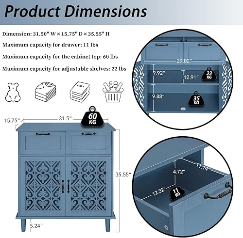 Miniatura 2 de Armario de almacenamiento de cocina con cajones - Armario decorativo con puerta tallada, aparador de piso buffet con almacenamiento, pequeña Azul_2