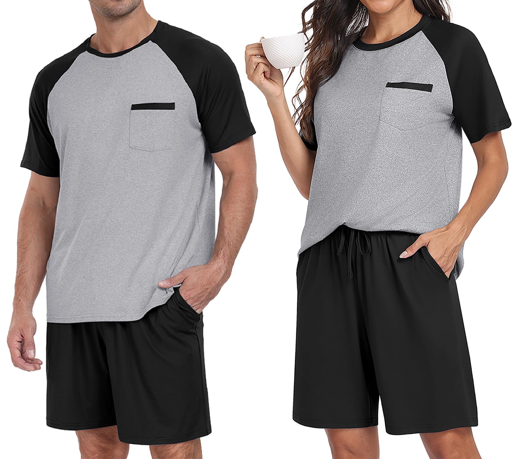 PrinStory Mens Pajama Sets Summer Pjs Sleepwear Nightwear Lightweight Quick Dry Soft Short Sleeve Sleep Set With Pocket