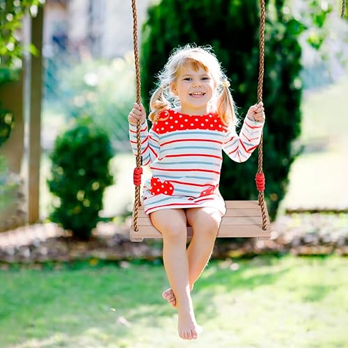 Miniatura 2 de Asiento columpio de madera de haya maciza para niños, juego de columpio de cuerda ajustable para niños de 16 x 6 x 0.5 pulgadas, silla colgante
