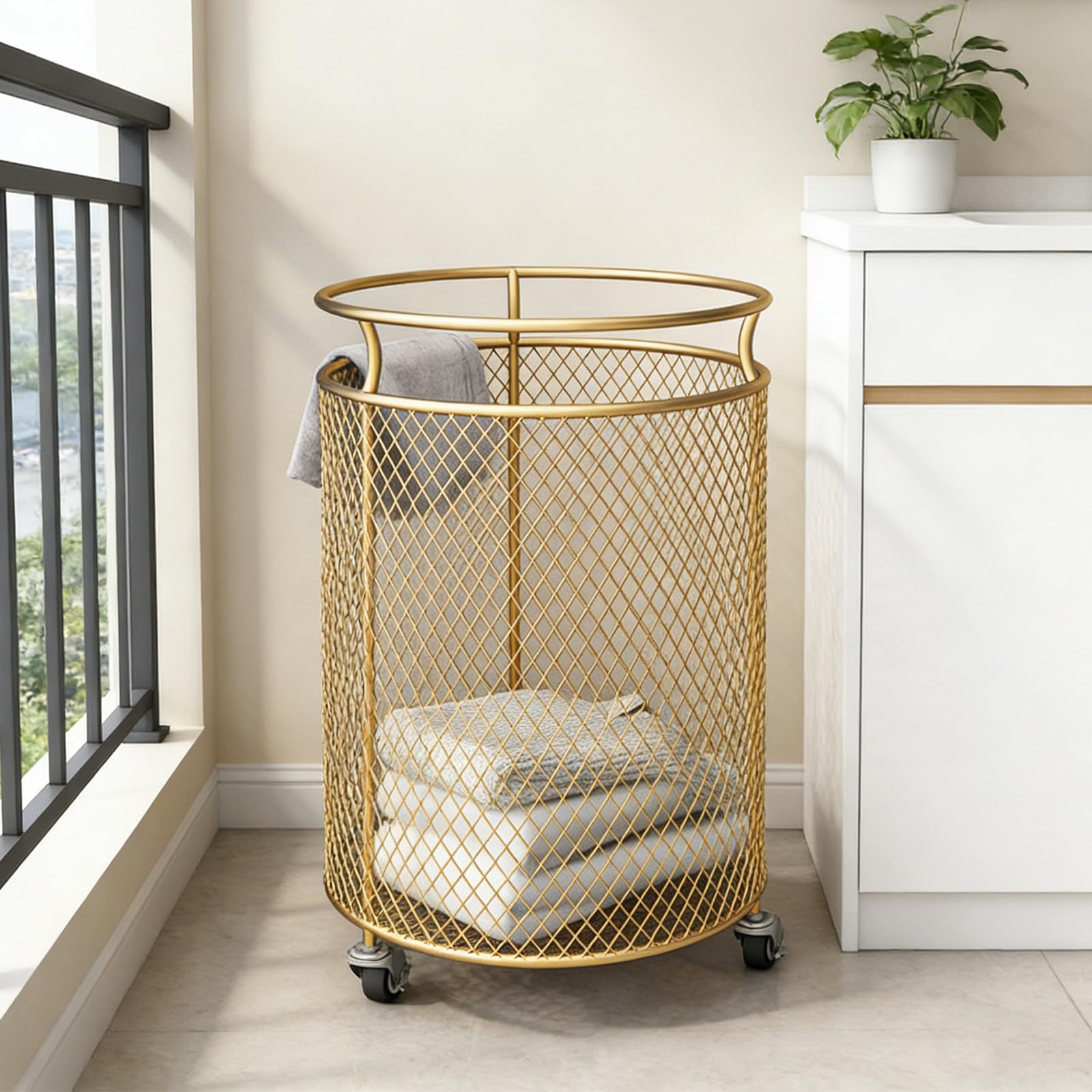 SFSLBFB Metal Laundry Basket with Wheels, Round Laundry Hamper Sorter Cart, Ring Handle, Mesh Design, Clothes Organizer for Bathroom