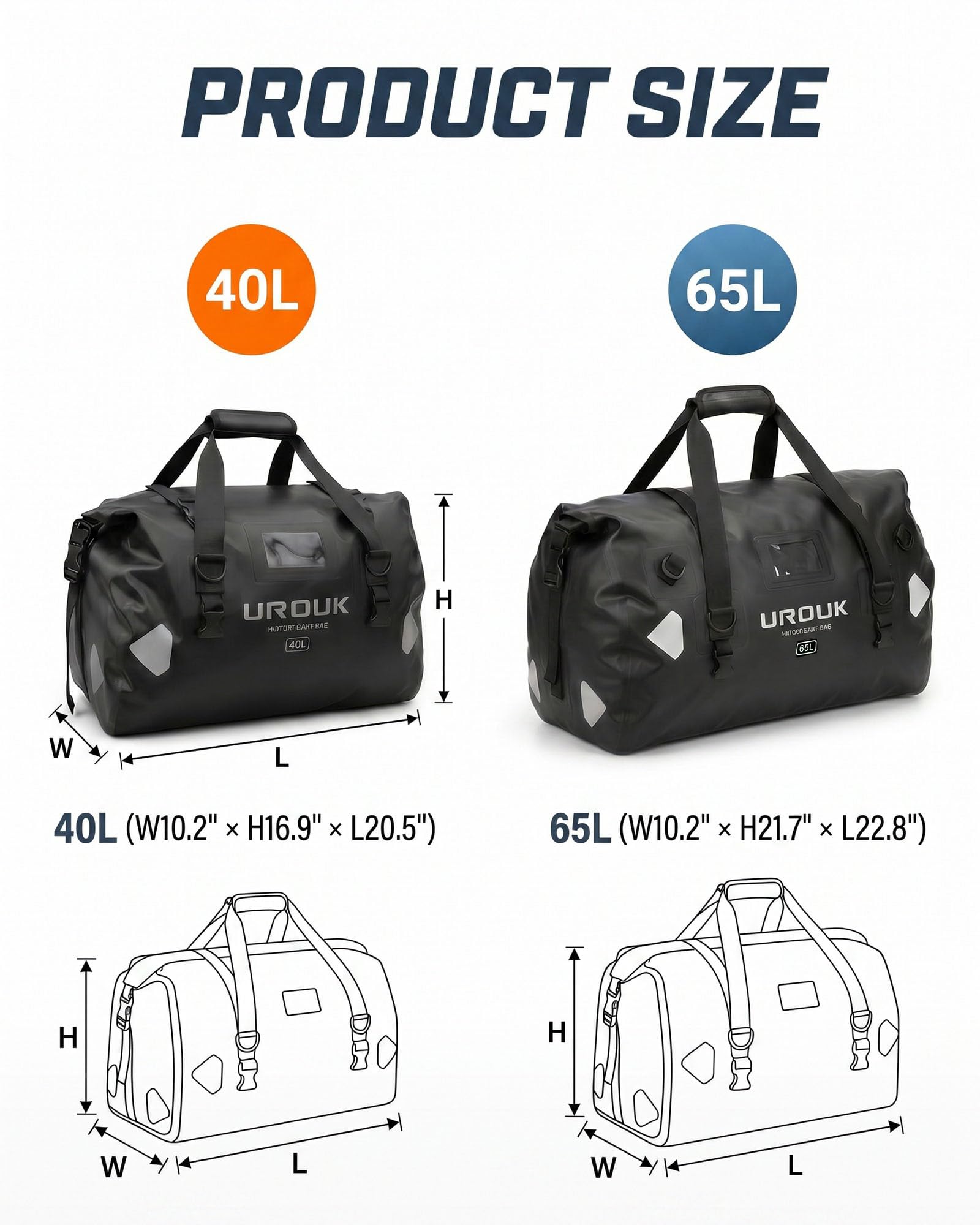 wasserdichte Rucksack 40L 66L 90L wasserdichte Reisetasche, Hecktasche Motorrad Duffel Bag mit Innentasche und Rolltop, Seesack für Motorradfahren, Angeln, Voyager, Camping, Rafting