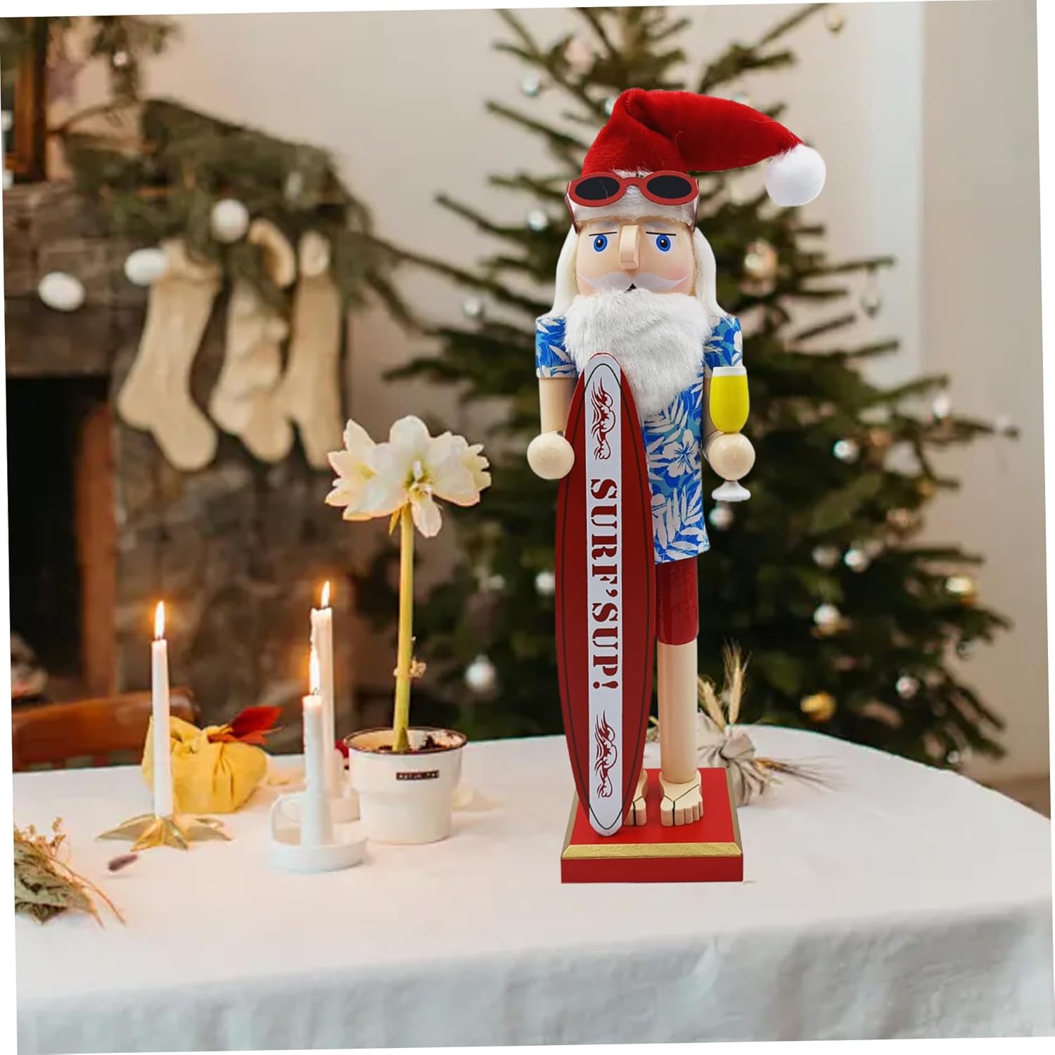 2Pcs Christmas Nutcrackers Summer Hawaii Santa Wooden Nutcracker Christmas Decor for Xmas Tabletop Centerpieces Shelves, 15in