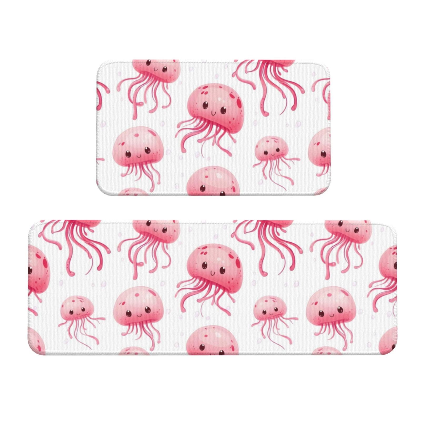 GVYGVY Antifatigue Kitchen Mats for Floor 2 Piece - Cute Pink Jellyfish Print Kitchen Rugs Washable, Non Slip Runner Rug Standing Mat for Office/Bathroom/Laundry/Home Decor and Accessories