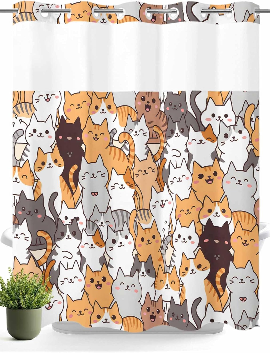 No Hook Shower Curtain with Snap in Liner, Cute Cat Cartoon Style Waterproof Fabric Bathroom Curtain Mesh Top Window Washable Funny Animal Seamless Shower Curtains 72x72in