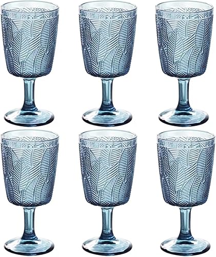 Juego de 6 copas de vino azul para beber vasos de colores vintage en relieve, 11 onzas, bonito vaso con tallo de agua para boda, fiesta, bar