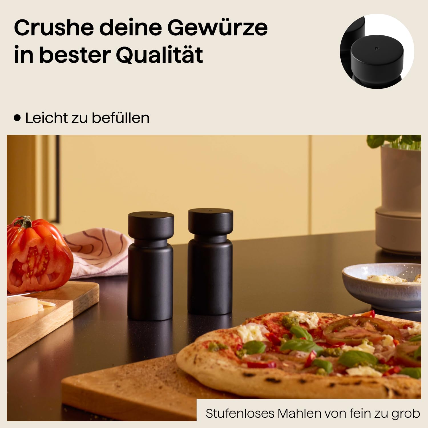 Crushgrind Helsinki Mini Gewürzmühle mit Keramikmahlwerk | 2er Set | Buchenholz | Salz und Peffermühle mit verstellbarem Mahlgrad | aus hochwertigen, nachhaltigen Materialien | 2x Schwarz (110 mm)