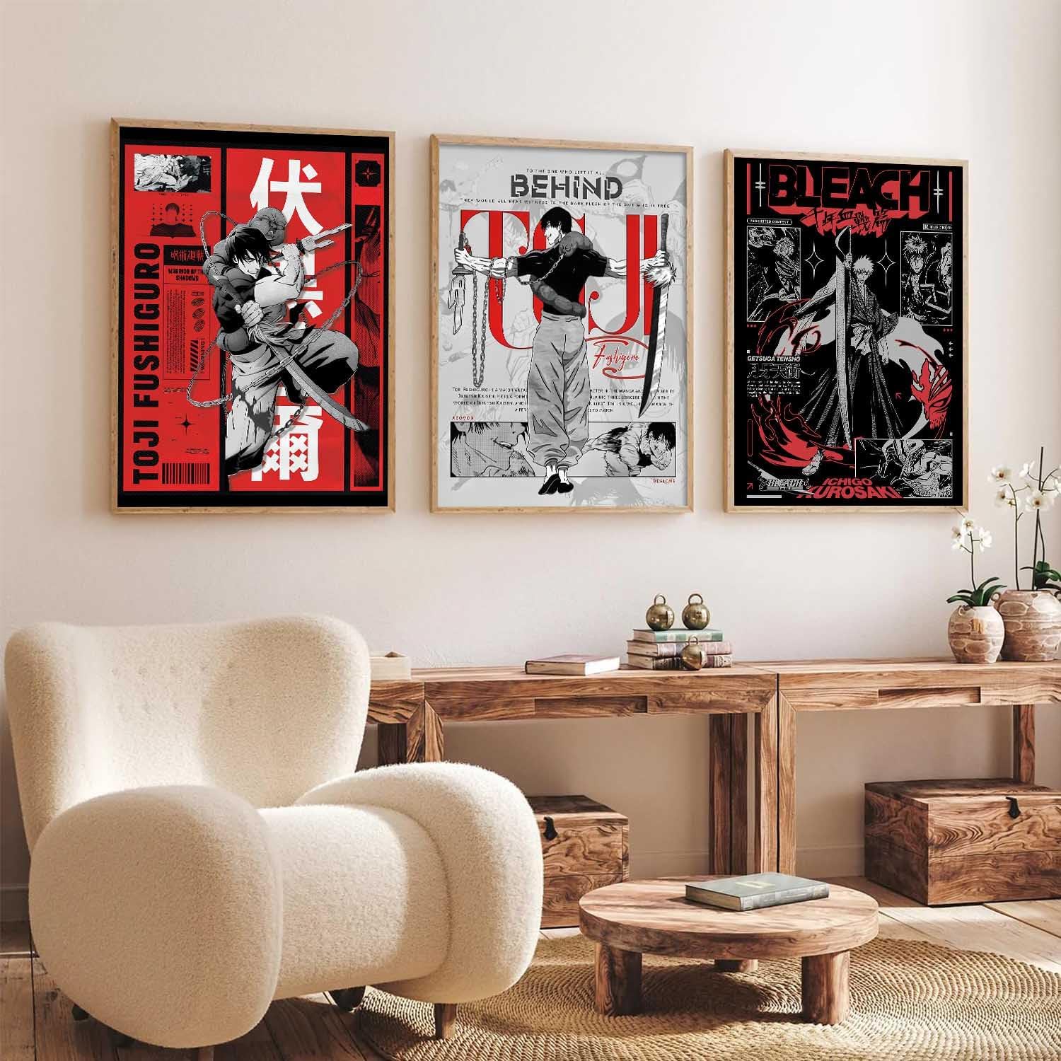 walllane Anime Characters Wall Framed Posters Aesthetic Posters with Frames | Japanese Anime Characters Framed Poster for Living Room Bedroom Gaming Room Studio Wall Decor Set Of 3 (13 X 17 inch)