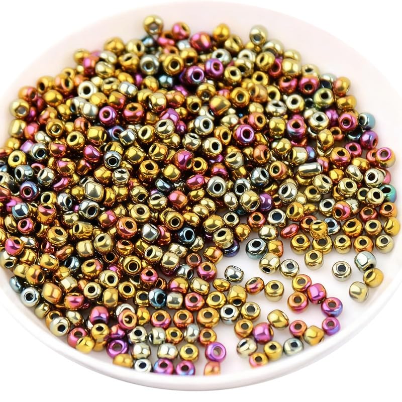 4 Packs Metallic Glass Seed Beads,Mix Size 1.5/2/3/4MM Mini Glass Seed Beads for Bracelets,Crafting,Keychain,About 2544Pcs,Mix Coffee Brown