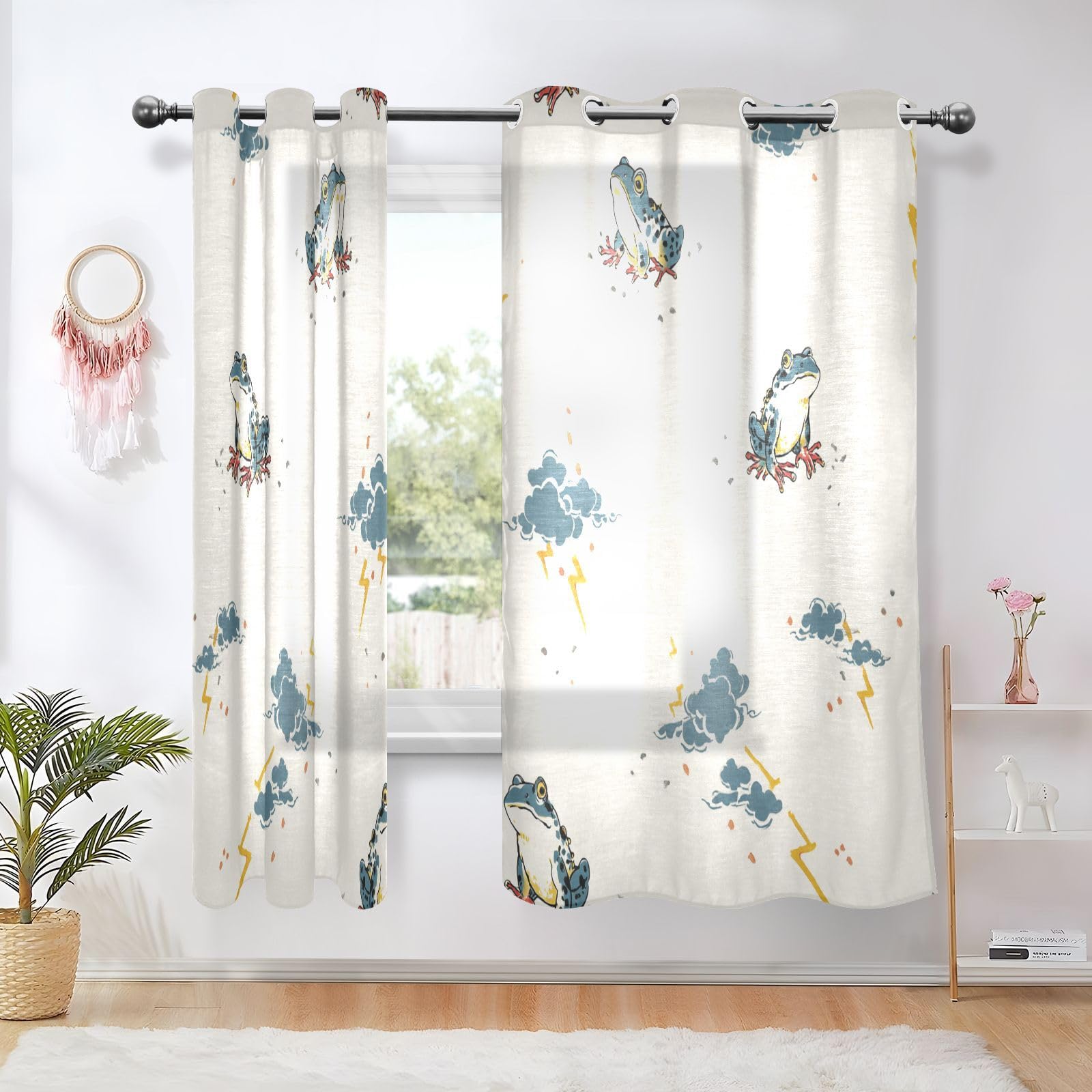 Cortinas decorativas de granja para tratamientos de ventanas, estilo japonés, rana blanco roto de 160 cm de largo, 2 paneles