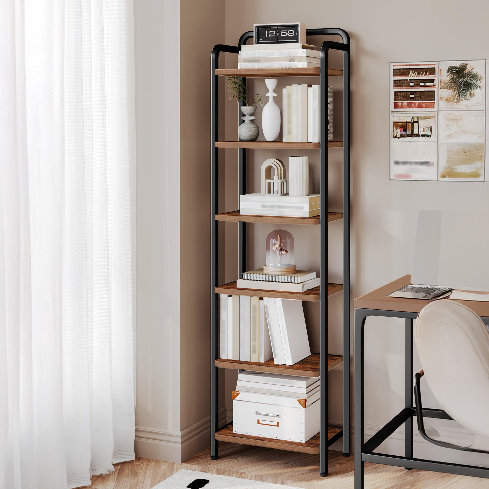 Hzuaneri Scaffale a 6 Ripiani, Libreria, Scaffale Stretto per Libri, Mensola D'angolo Industriale, Mensola Sottile per Ufficio, Soggiorno, Camera da Letto, Cucina, Marrone Vintage e Nero BC44601B