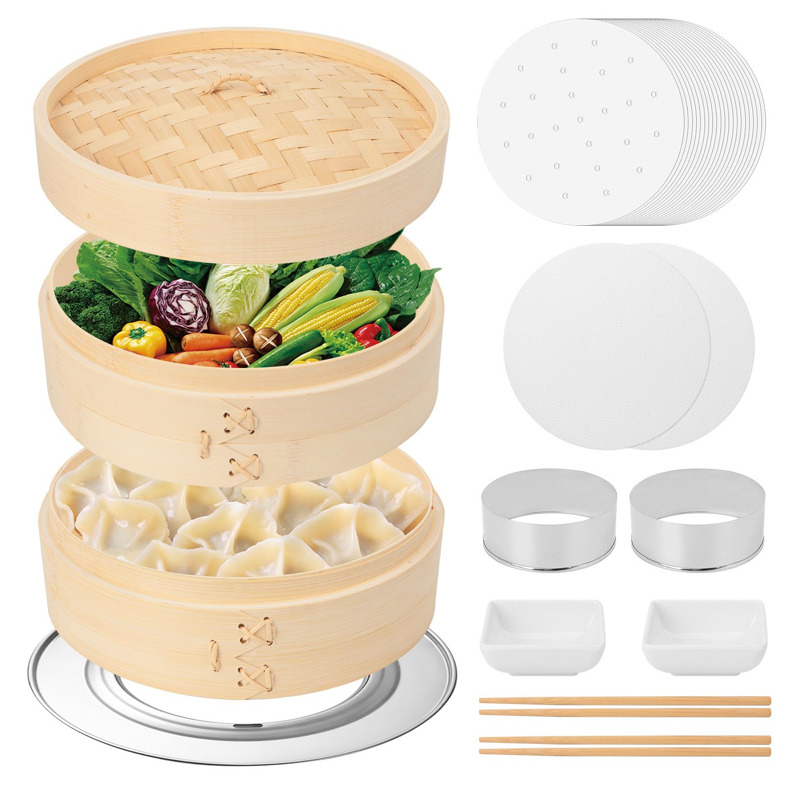 Sponsored Ad - Bamboo Steamer 10 Inch, 2 Tier Bamboo Steamer Basket with a Lid, Dumpling Steamers with Paper Liners, Reusable Silicone Liners, Cutter, Adapter, Sauce Dish, Chopsticks, for Steaming Dim Sum Asian Food