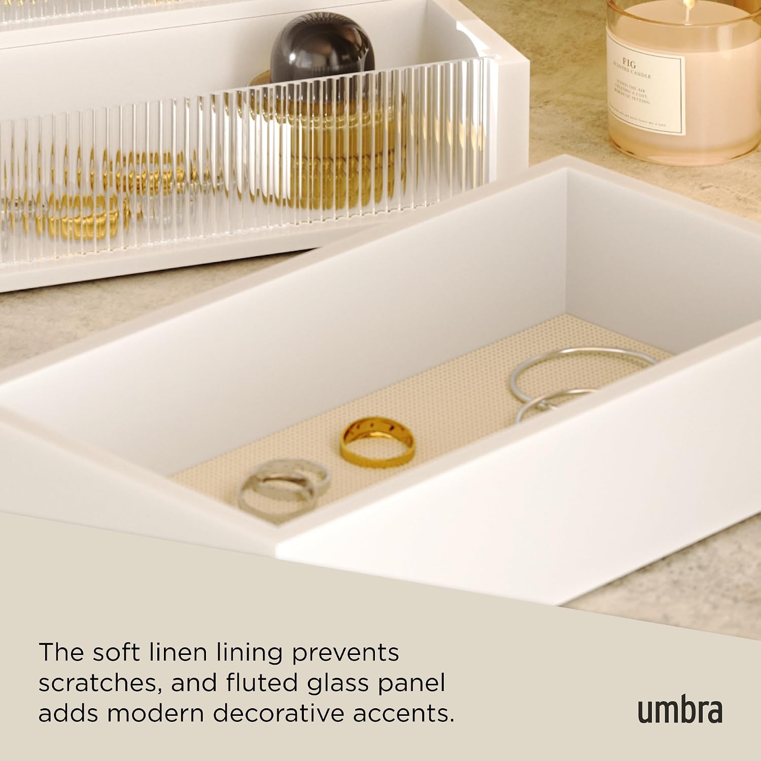 Umbra Malibu Jewelry Box – 3-Tier Storage Organizer with Linen-Lined Compartments, Real Wood, Fluted Glass Accents & Non-Slip Feet for Dresser, Nightstand, or Vanity, White