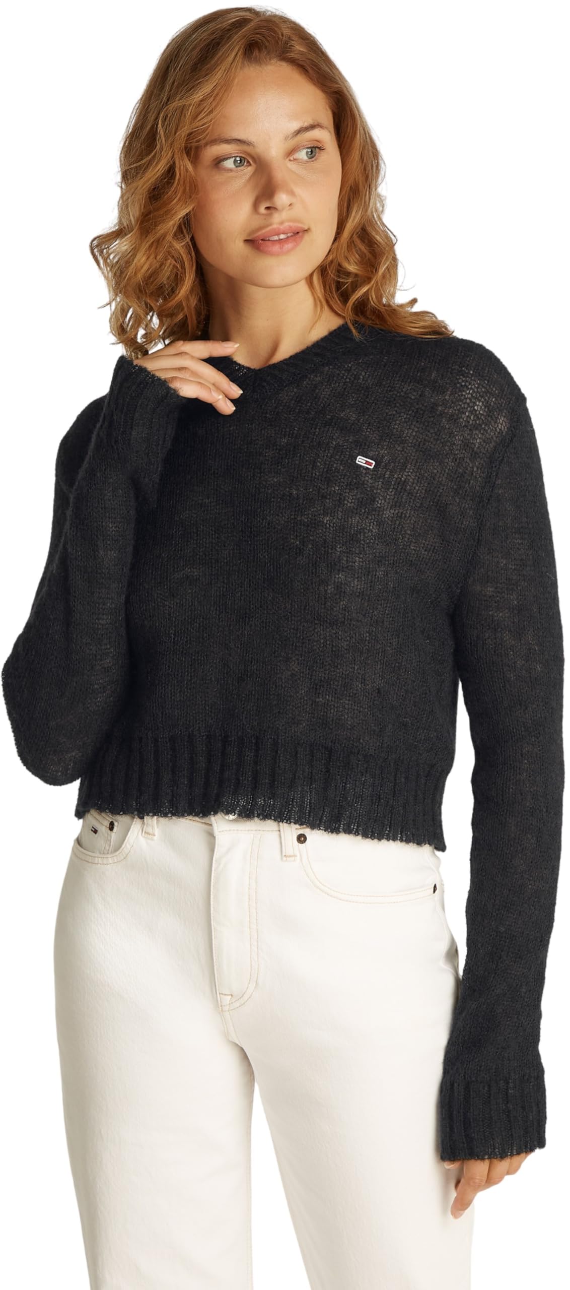 Tommy Jeans Women’s V-Neck Open Knit Jumper, Black (Black), XXS