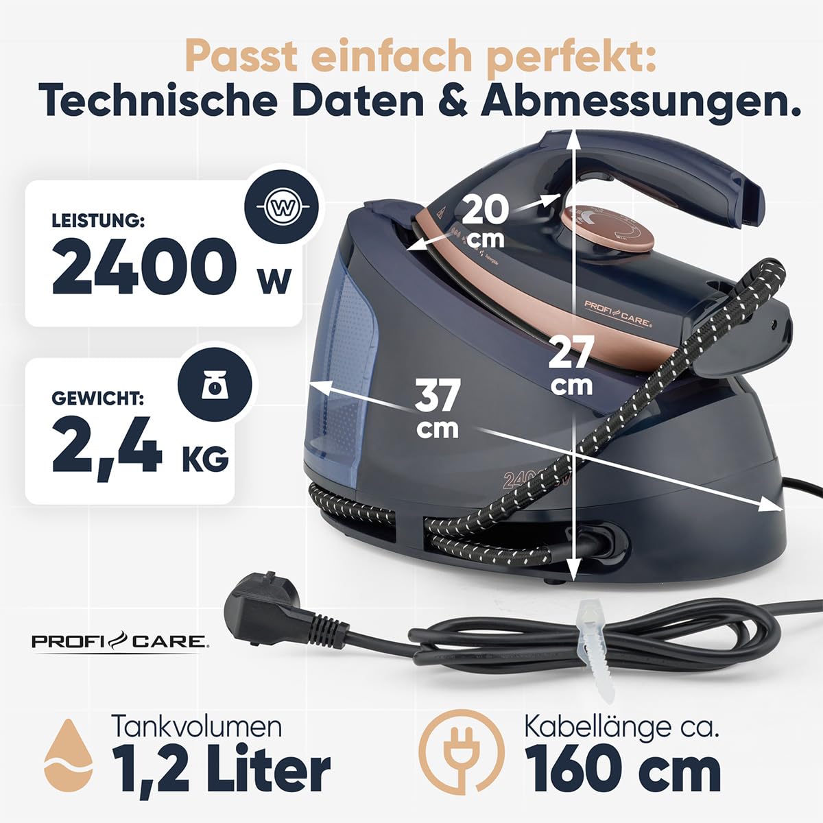 ProfiCare® Dampfbügelstation | Superglide Keramiksohle | 2400W Bügelstation | starke Dampfleistung 150 g/min | 4 Bar Druck | bis zu 80 Minuten am Stück bügeln | Dampfbügeleisenstation | PC DBS 3127