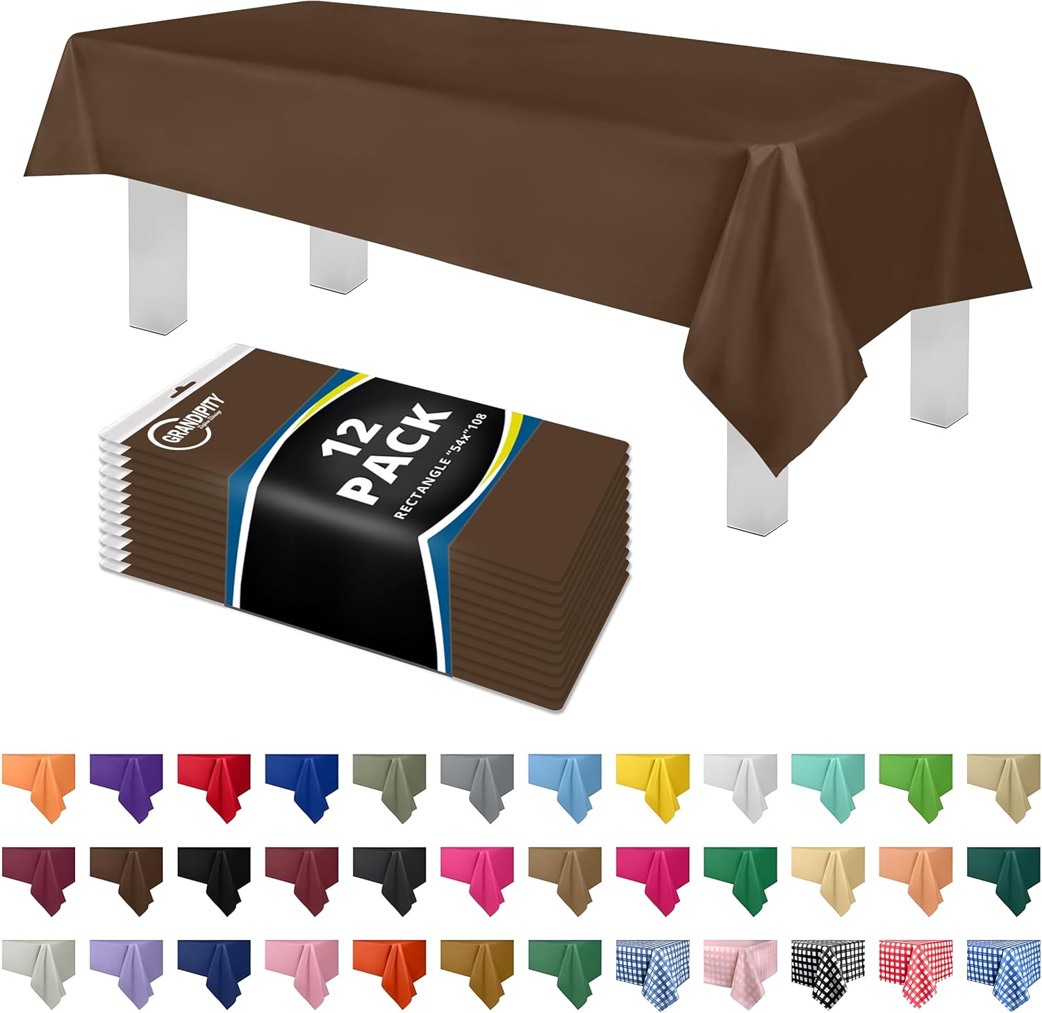 Grandipity 12 Pack Premium Disposable Plastic Tablecloth 54 Inch. x 108 Inch. Decorative Rectangle Table Cover - Brown