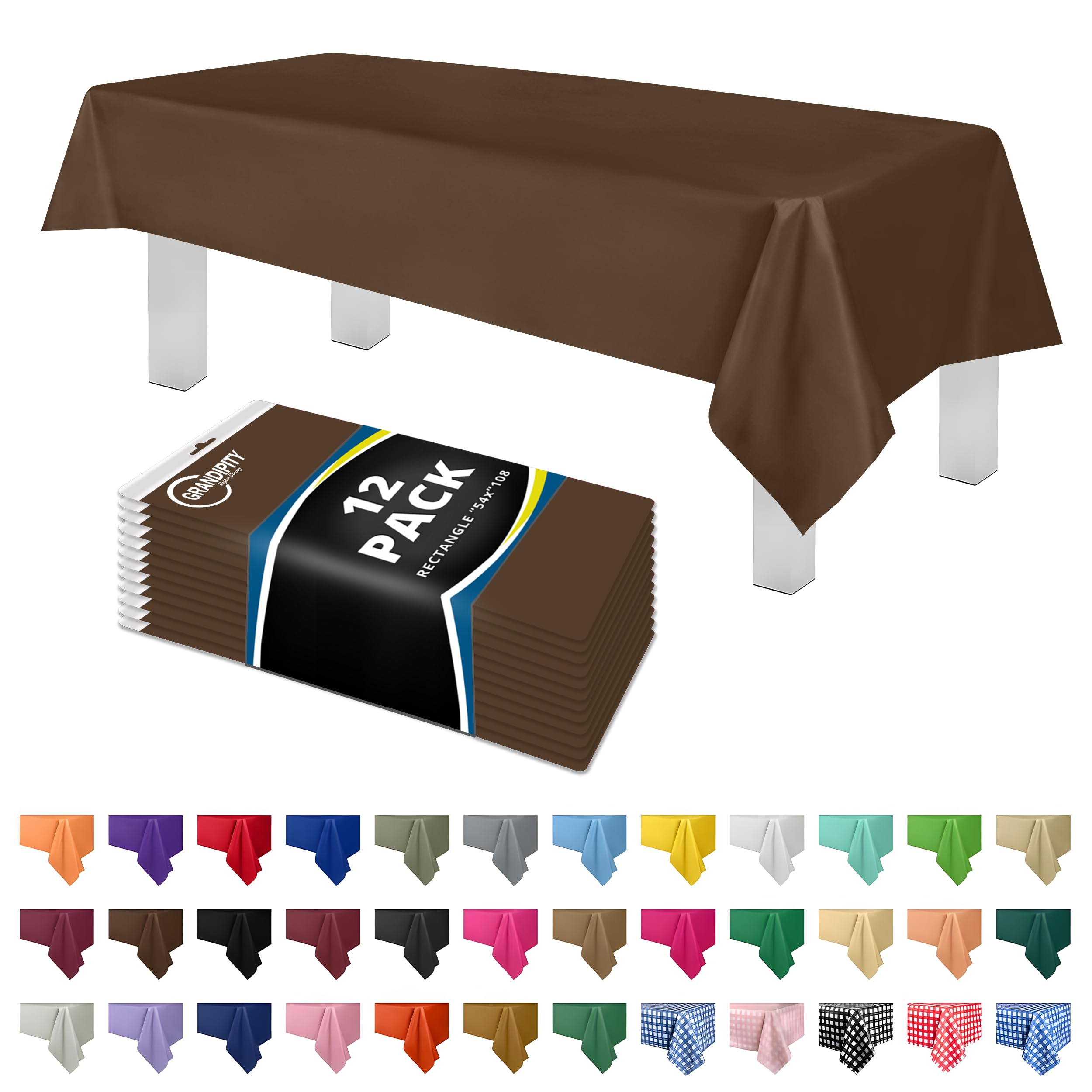 Grandipity 12 Pack Premium Disposable Plastic Tablecloth 54 Inch. x 108 Inch. Decorative Rectangle Table Cover - Brown