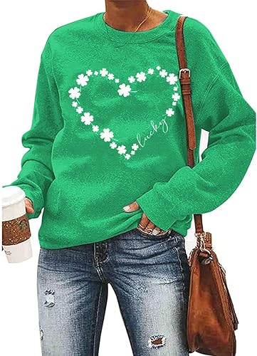 Miniatura 4 de Sudadera para el día de San Patricio para mujer, divertida, con estampado de trébol, manga larga, casual, con letras irlandesas, sin botones