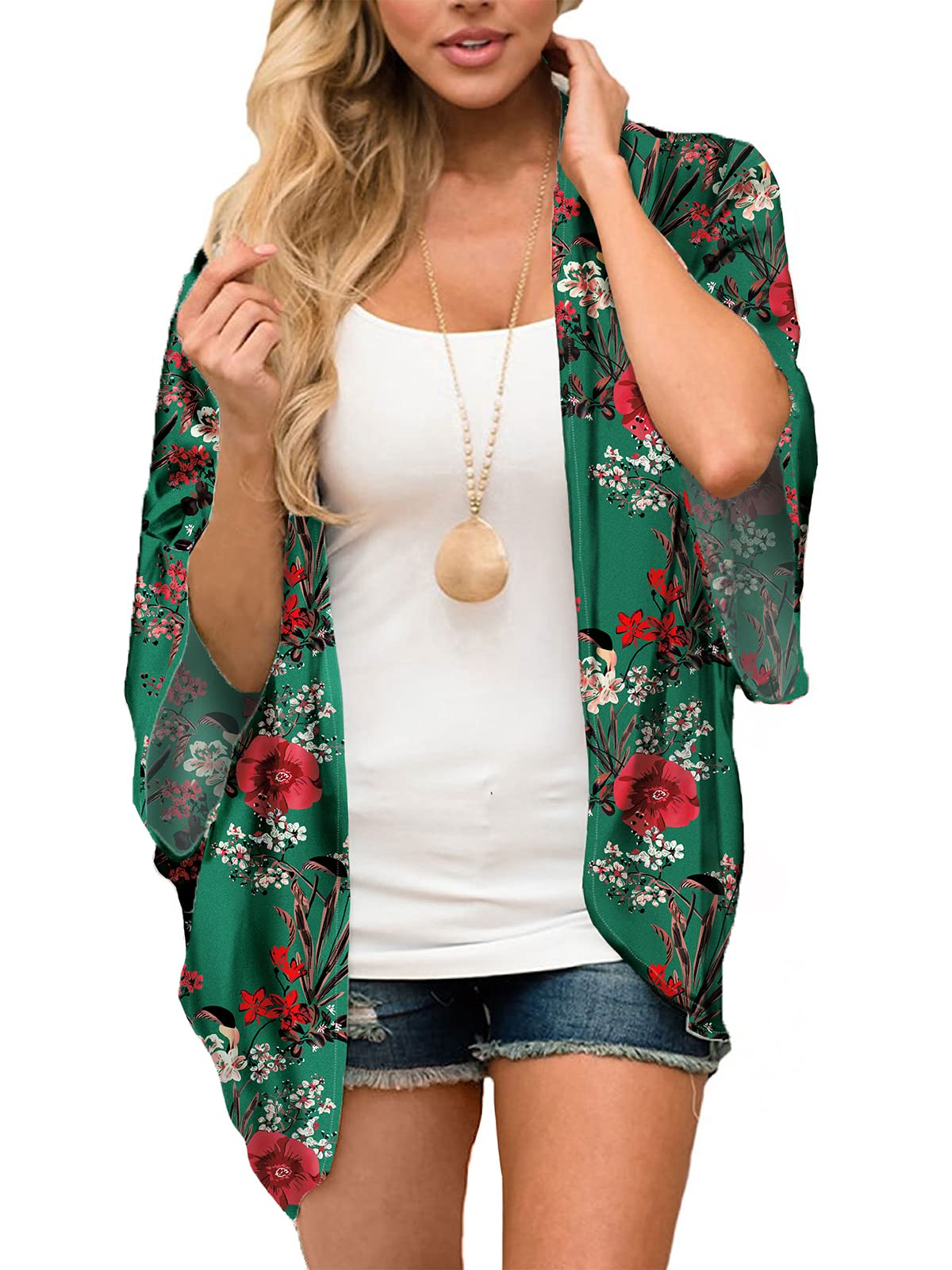 MayBuy Women's Summer Long Flowy Kimono Cardigans Boho Chiffon Floral Beach Cover Up Tops — view 28