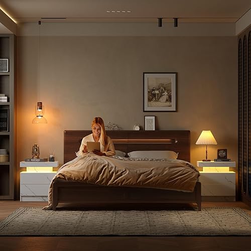 Miniatura 17 de Generic Juego de 2 Mesita de noche con 2 cajones, mesa de noche con cajones para muebles de dormitorio, mesa auxiliar con luz LED Blanco,Negro