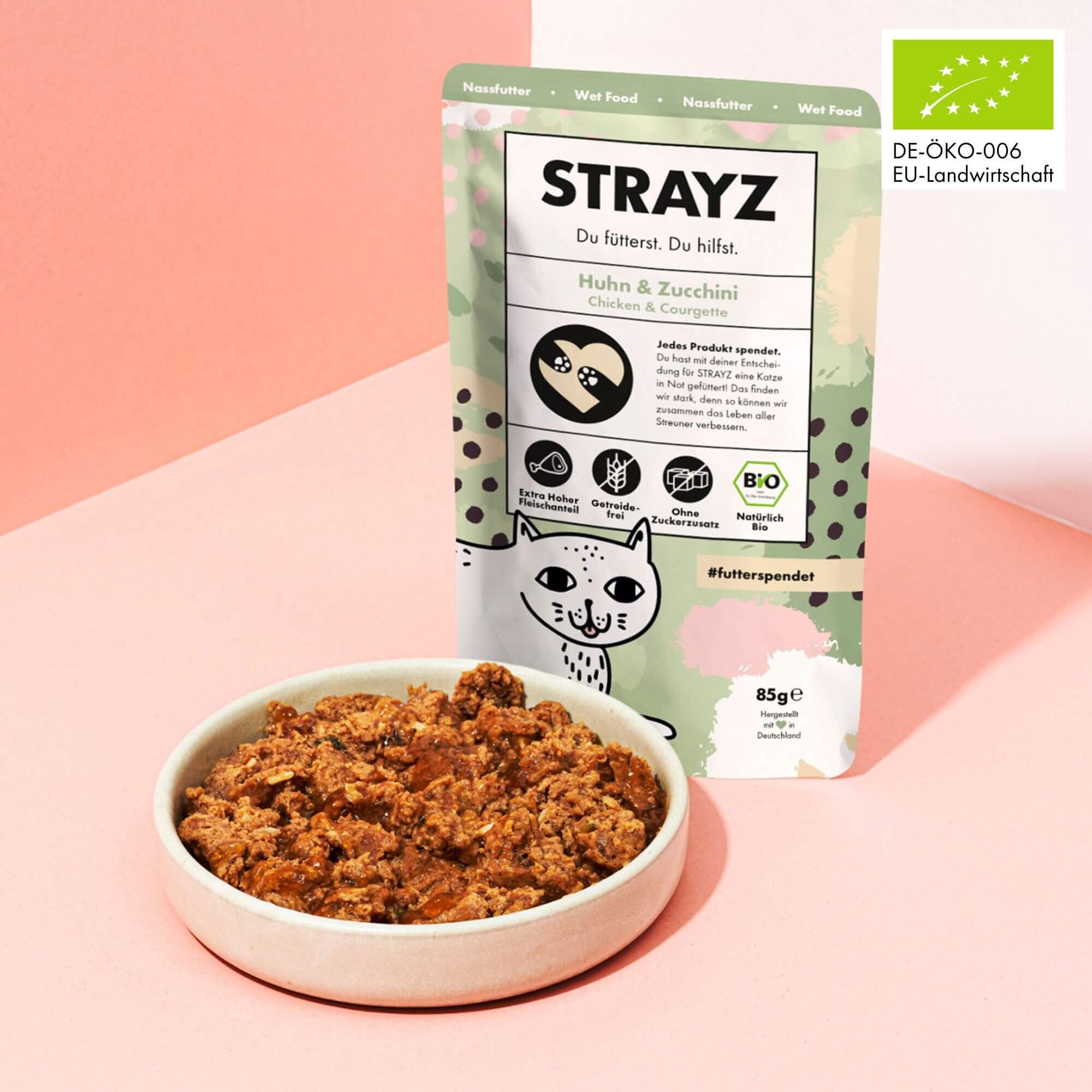 STRAYZ Bio Katzenfutter Nass – Huhn & Zucchini | 12x400g Dose | Nassfutter mit 95% Bio-Fleisch, getreidefrei & ohne Zucker, Monoprotein, ohne Bindemittel