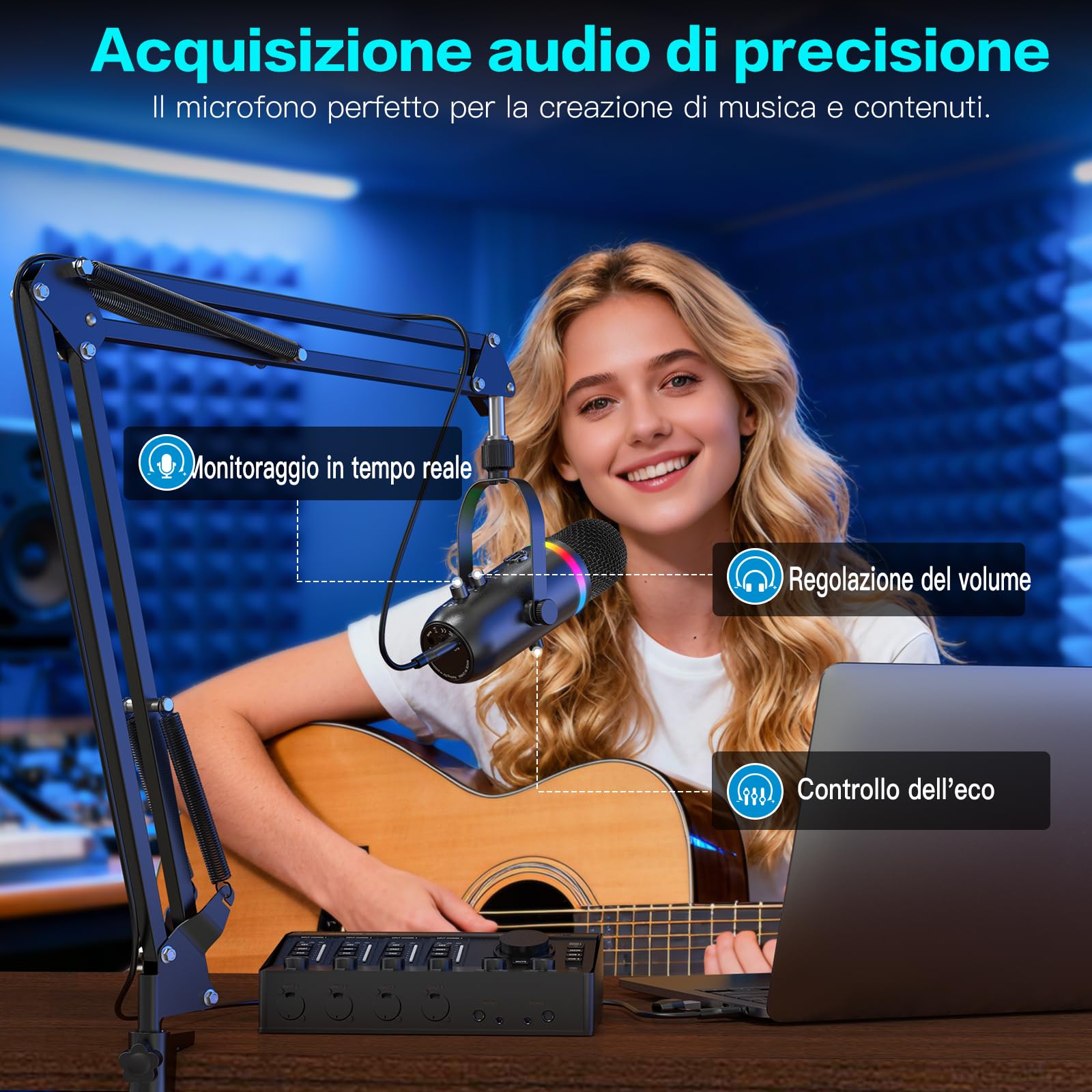 zealsound Microfono USB per Podcast con Braccio, Microfono RGB Gaming con cancellazione del rumore, Mute Rapido e Jack di Monitoraggio, Microfono da Studio per PC/Mac/Phone, Streaming e YouTube