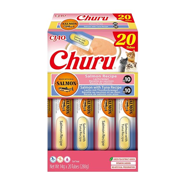Foto 2 de 8 de INABA Churu Salmon Variety Pack, Golosinas para Gatos con Puré Suave para Dar a Mano, Recetas de Salmón y Atún