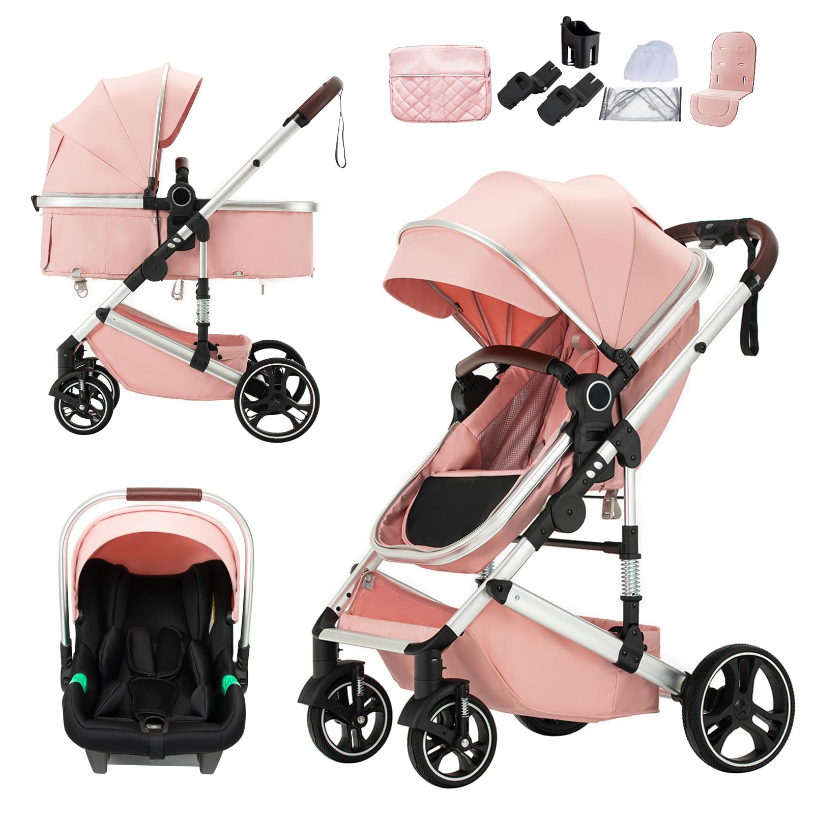 Mobayta 3-in-1 Complete pram Set, 0-4 Years, up to 22 kg, Combi pram Travel Systems for Newborns and Infants (Pink H9, H9)