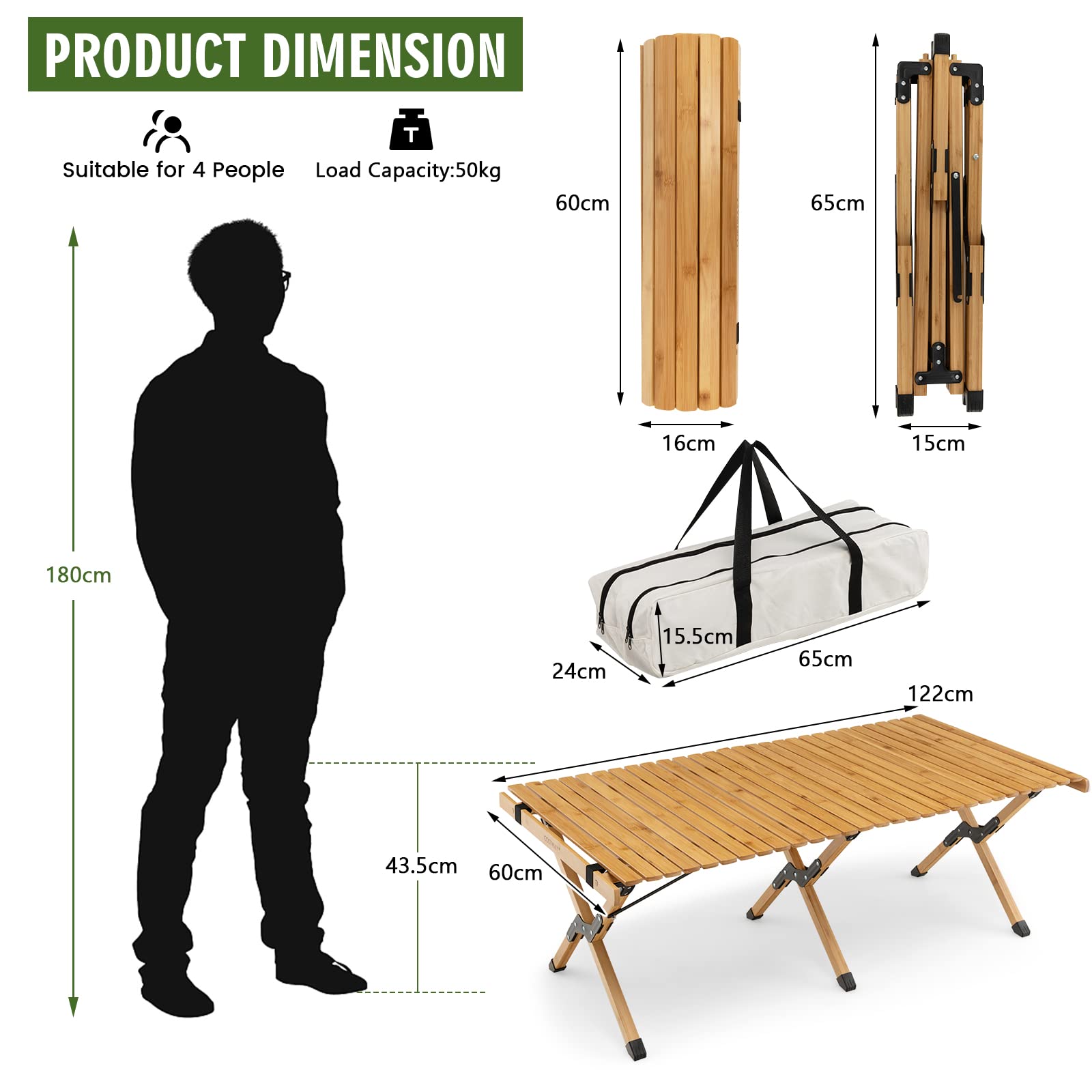 KOMFOTTEU Tavolo Pieghevole da Esterno, Tavolo da Picnic da Campeggio in Bambù, per 4-6 Persone, Tavolo Portatile con una Borsa, la Portata di 50kg, 122 x 60 x 43,5cm (Yellow)
