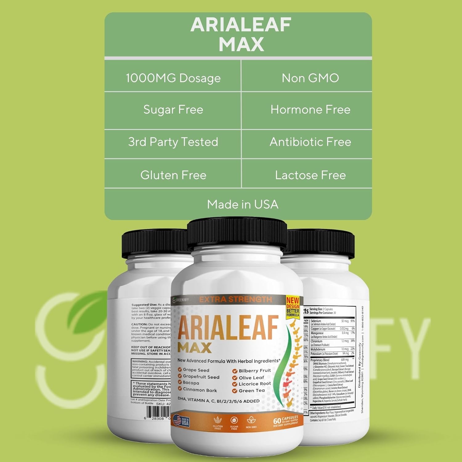 Aria Leaf Max Extra Strength Nootropic Supplement, 60 Capsules, with Grape Seed, Bacopa, Green Tea, DHA, Vitamins (1)