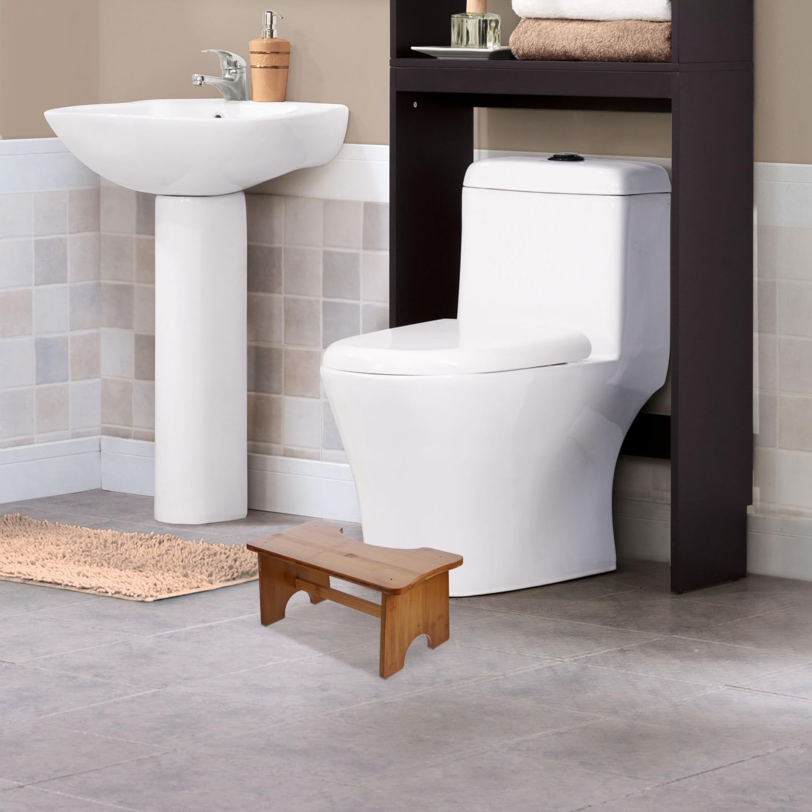 Sgabello in Legno per Bagno Struttura Stabile e Design Rettangolare, Sgabello Pratico per Ragazzo Ragazza e Adulti, come Gradino per Toilette