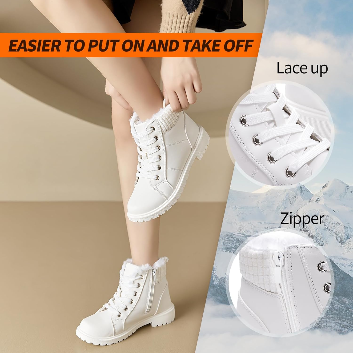 Uoidru Combat Boots For Women Ankle Booties Black Winter Snow Boots White Lace Up Boots Comfort Fuzzy Boot Side Zipper Short Boots - Image 2