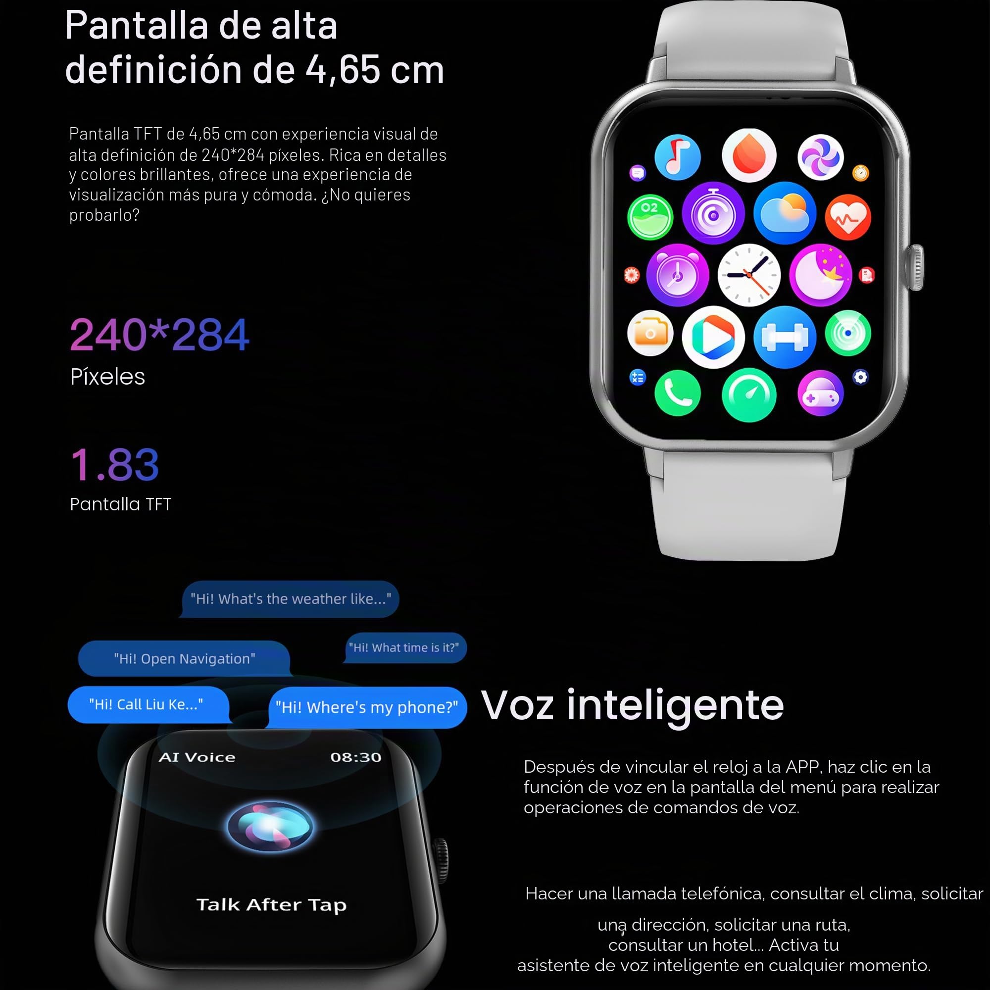 Reloj Inteligente Hombre Recibir y Contestar Llamadas, 1,83" Smartwatch Deportivo con Pulsómetro Presión Arterial, Monito de Sueño, SpO2, Podómetro Pulsera Reloj Impermeable para Android iOS (Plata)