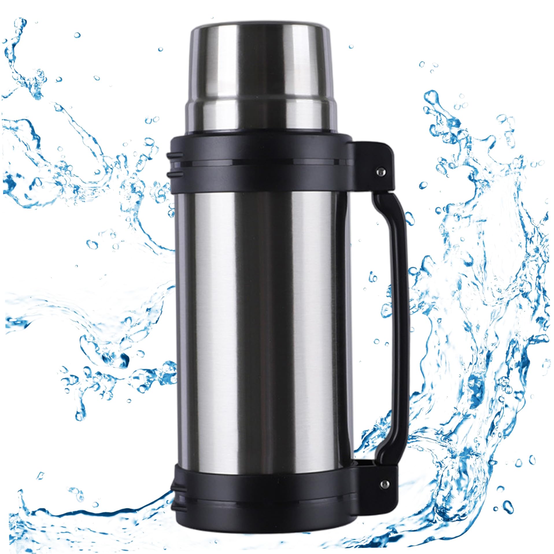 Botella de agua de acero inoxidable Botella de agua aislada a prueba de fugas de 2 litros de acero inoxidable con asa y taza Frasco portátil para bebidas frías y calientes