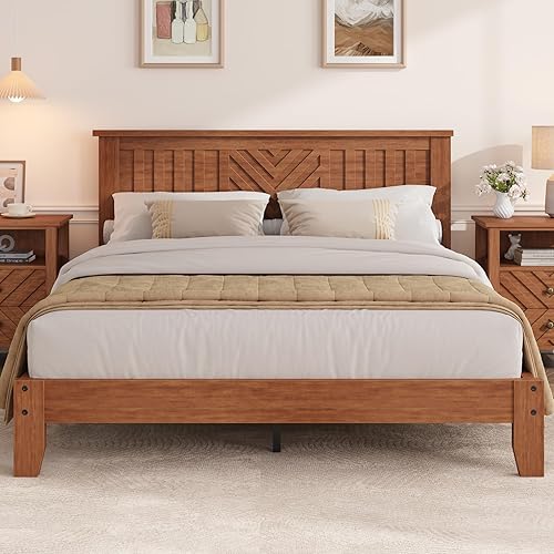 Wooden Platform Bed Frame with Headboard, Queen Size Mattress Foundation with Wooden Slat Support, No Box Spring Needed, Easy Assembly, Light Brown