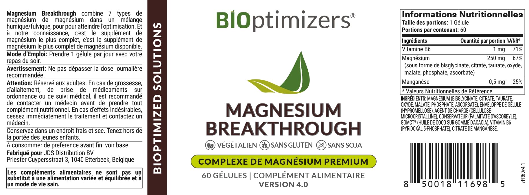 BiOptimizers Magnesium Breakthrough 4.0 7-En-1 | 60 Gélules Végétaliennes | Compléments Alimentaires À Haute Teneur En Magnésium Pour Le Sommeil, L'anxiété Et Les Crampes Dans Les Jambes